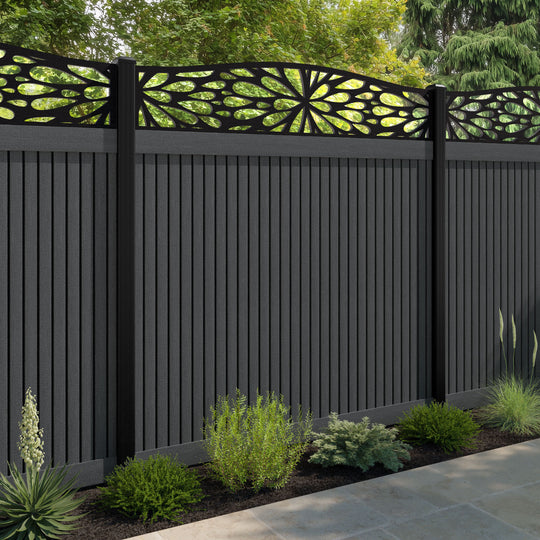 Virtis Blossom Curved Top Fence Panel - Dark Grey - with our aluminium posts