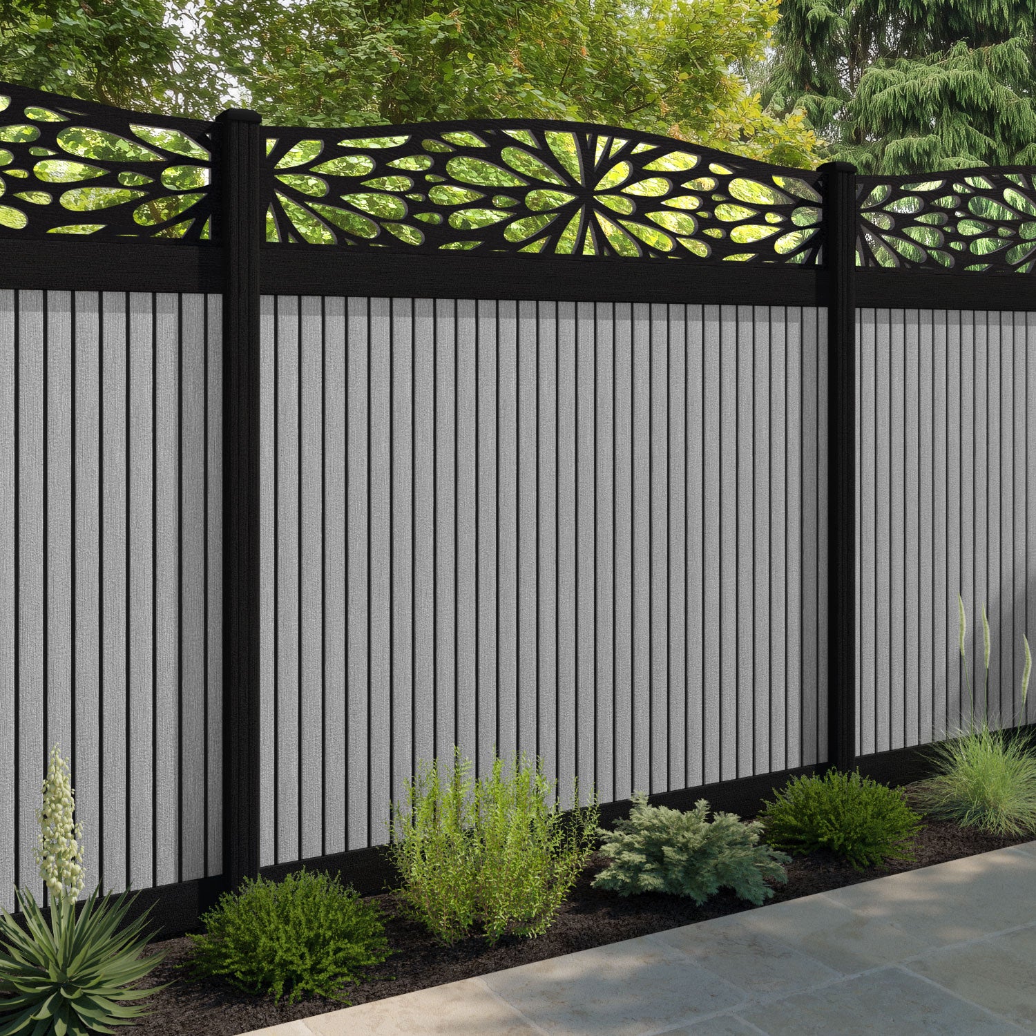 Virtis Blossom Curved Top Fence Panel - Light Grey - with our aluminium posts