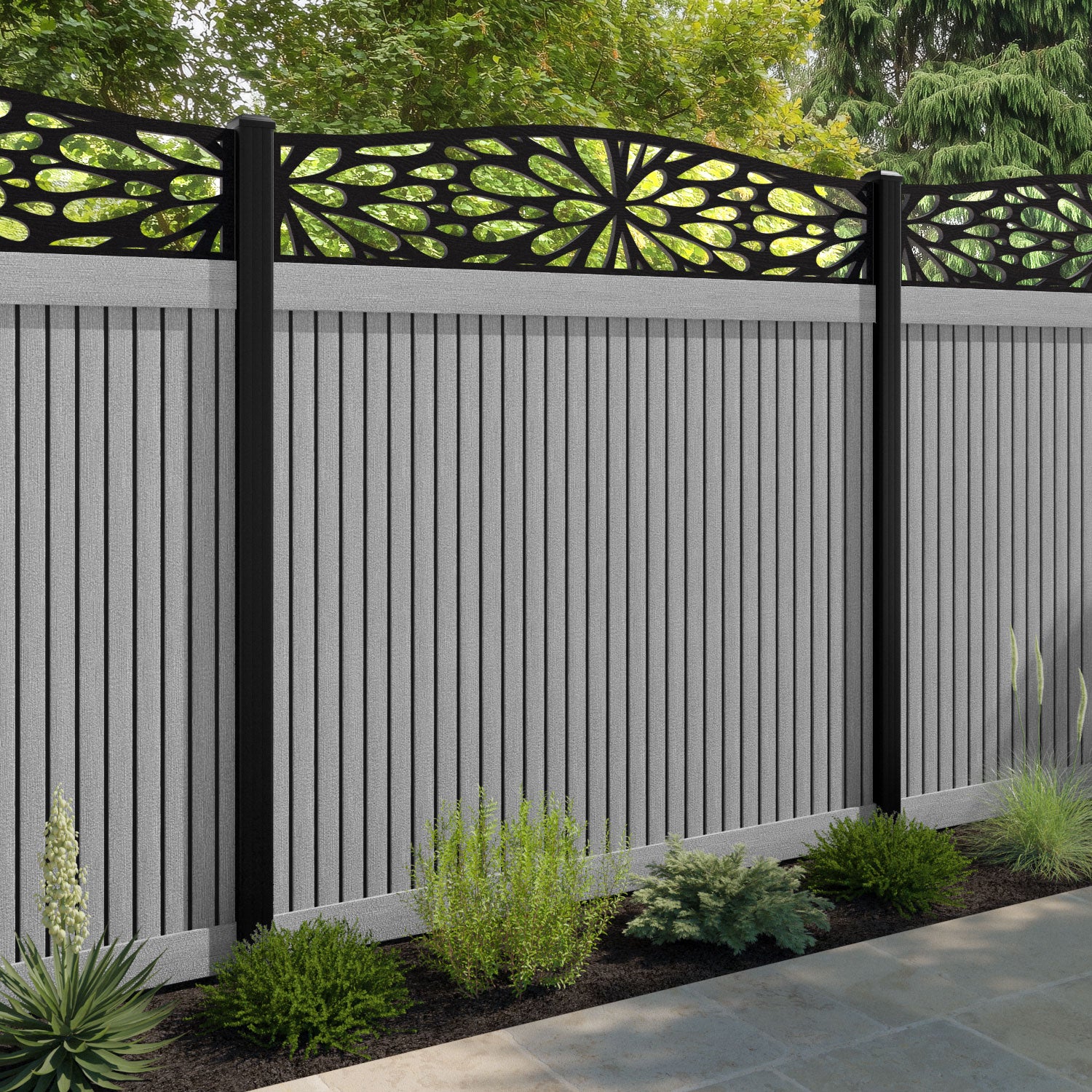 Virtis Blossom Curved Top Fence Panel - Light Grey - with our composite posts