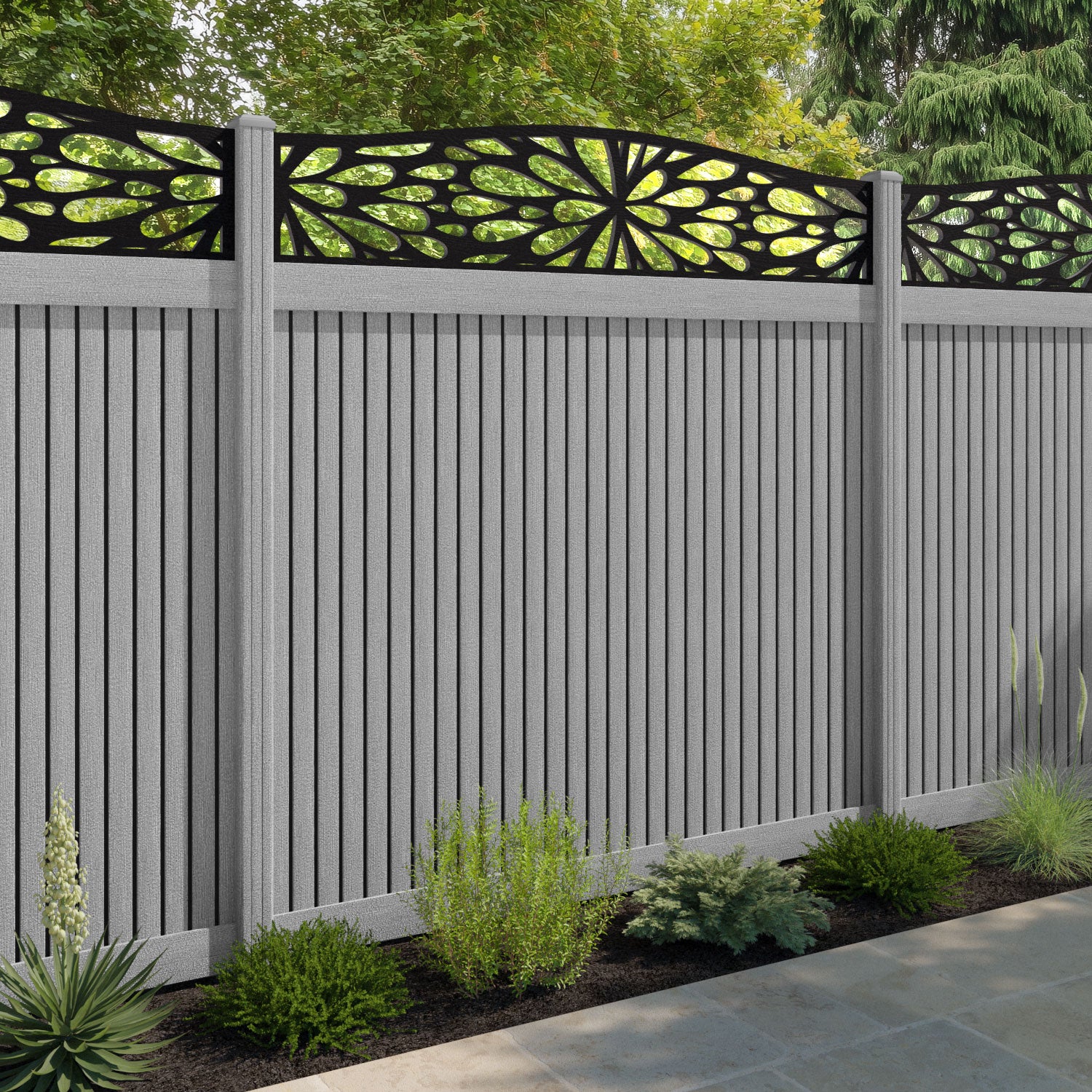 Virtis Blossom Curved Top Fence Panel - Light Grey - with our composite posts