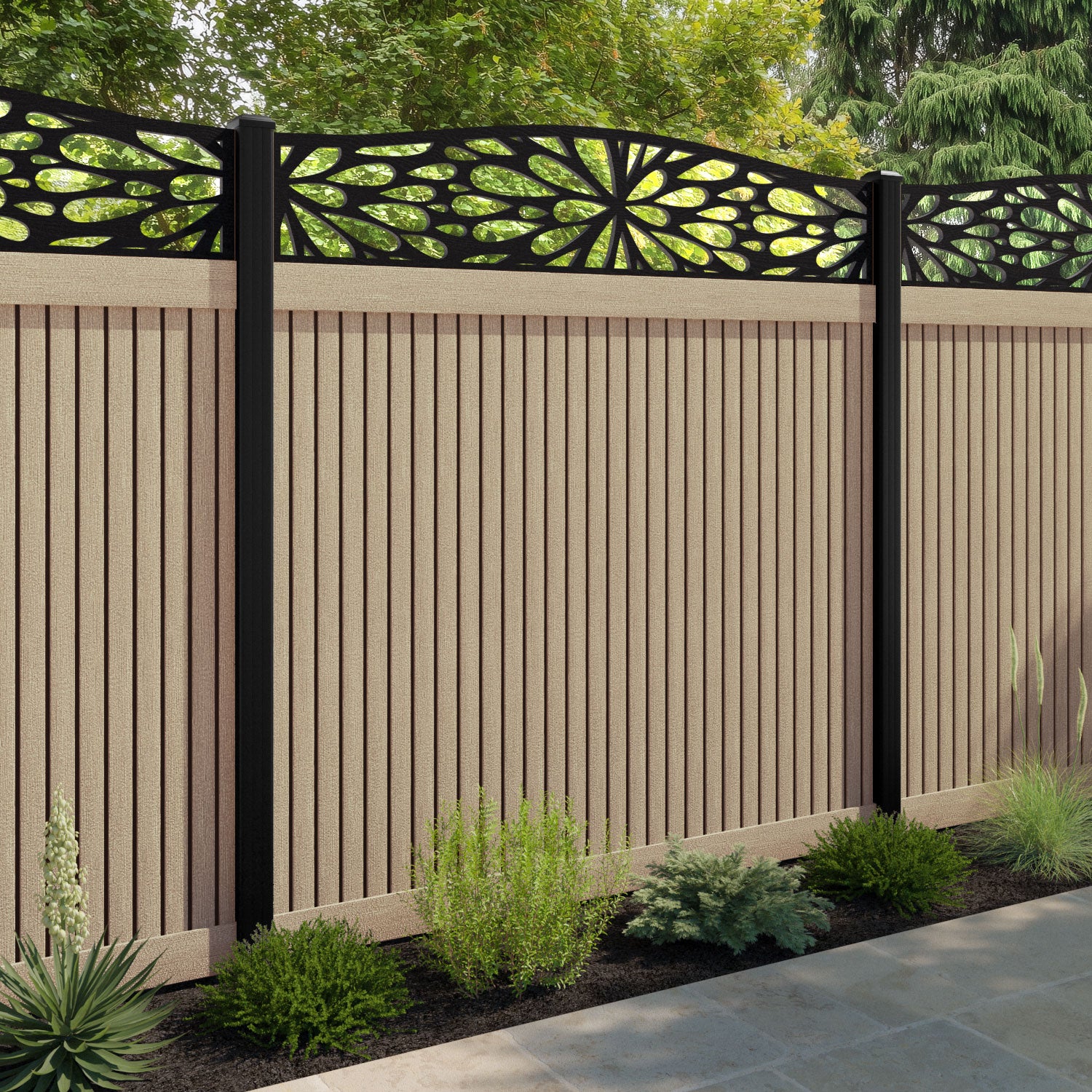 Virtis Blossom Curved Top Fence Panel - Light Oak - with our aluminium posts