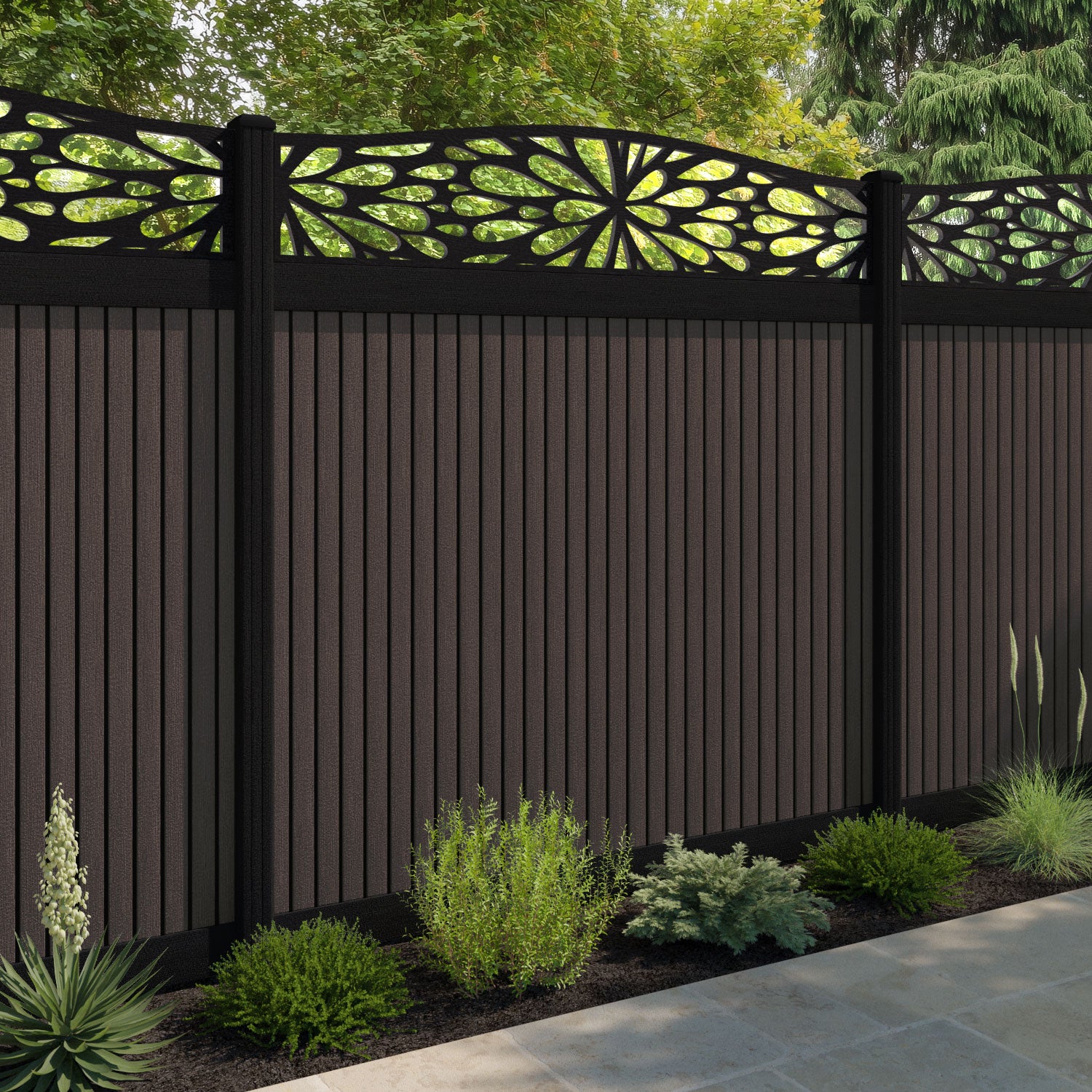 Virtis Blossom Curved Top Fence Panel - Mid Brown - with our composite posts
