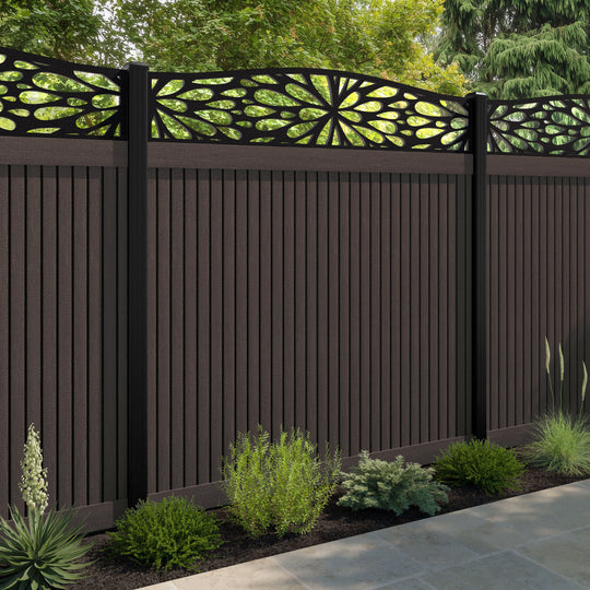 Virtis Blossom Curved Top Fence Panel - Mid Brown - with our aluminium posts