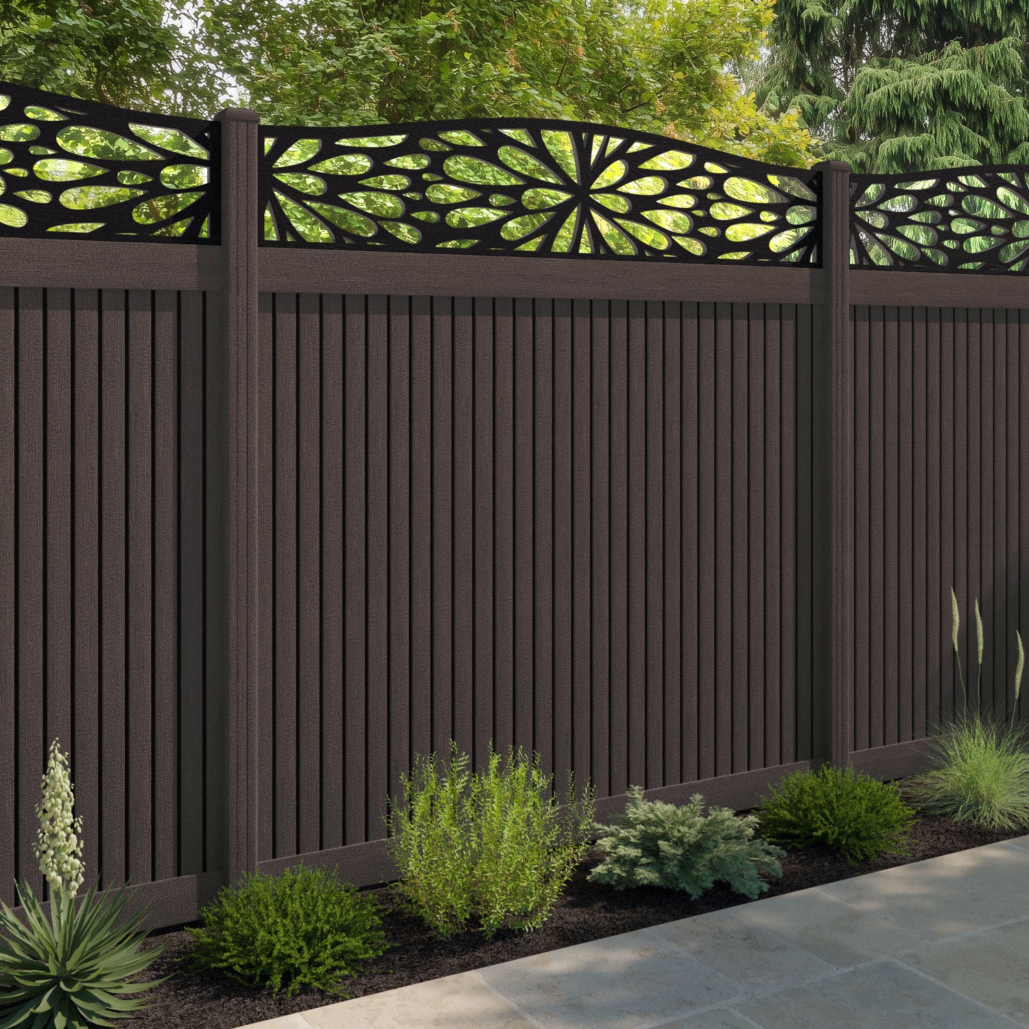 Virtis Blossom Curved Top Fence Panel - Mid Brown - with our composite posts