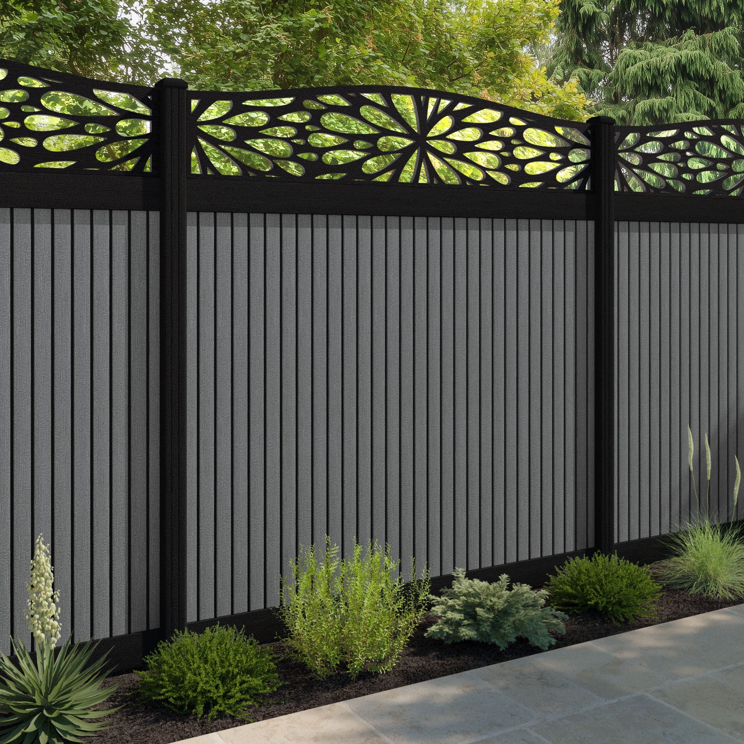 Virtis Blossom Curved Top Fence Panel - Mid Grey - with our aluminium posts