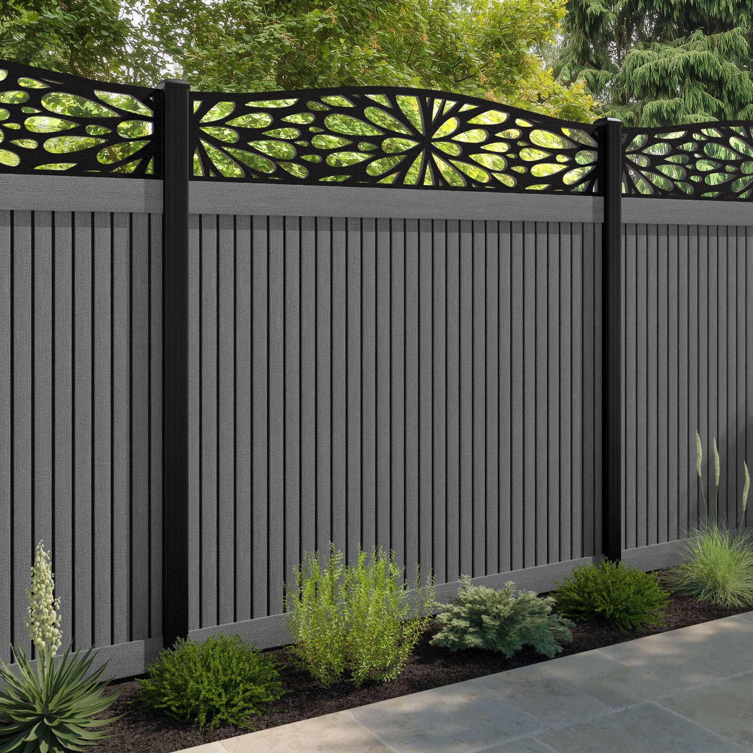 Virtis Blossom Curved Top Fence Panel - Mid Grey - with our aluminium posts
