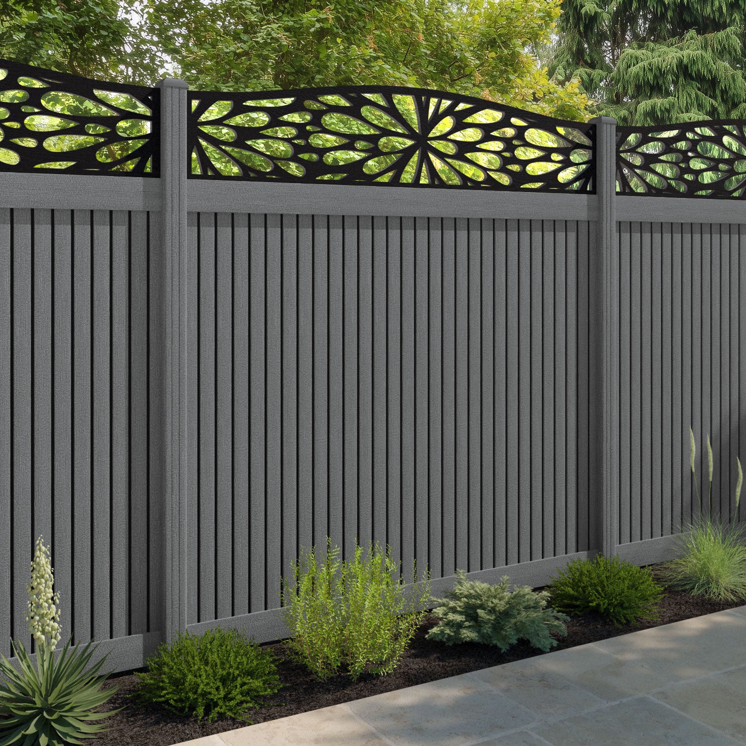 Virtis Blossom Curved Top Fence Panel - Mid Grey - with our composite posts