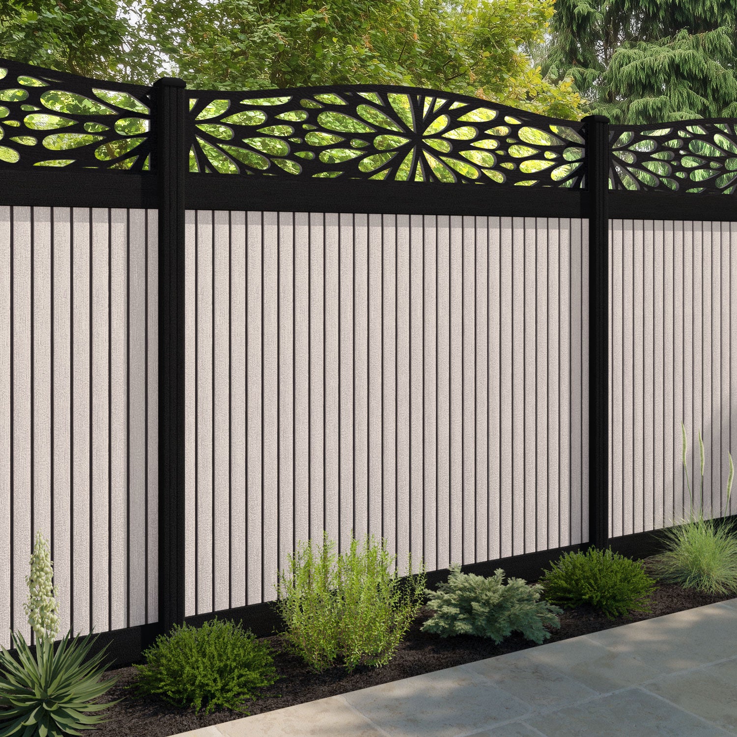 Virtis Blossom Curved Top Fence Panel - Mid Stone - with our aluminium posts