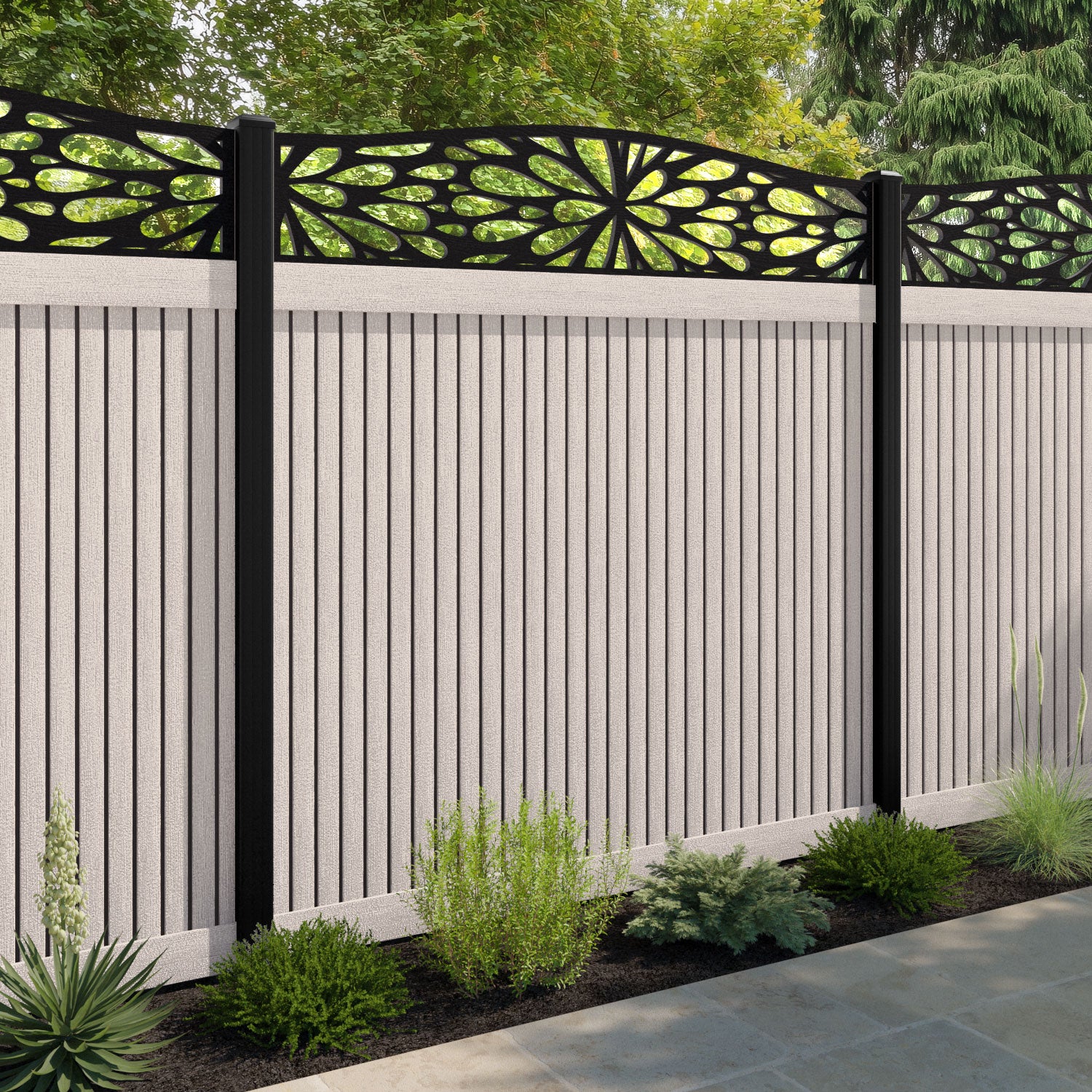 Virtis Blossom Curved Top Fence Panel - Mid Stone - with our composite posts