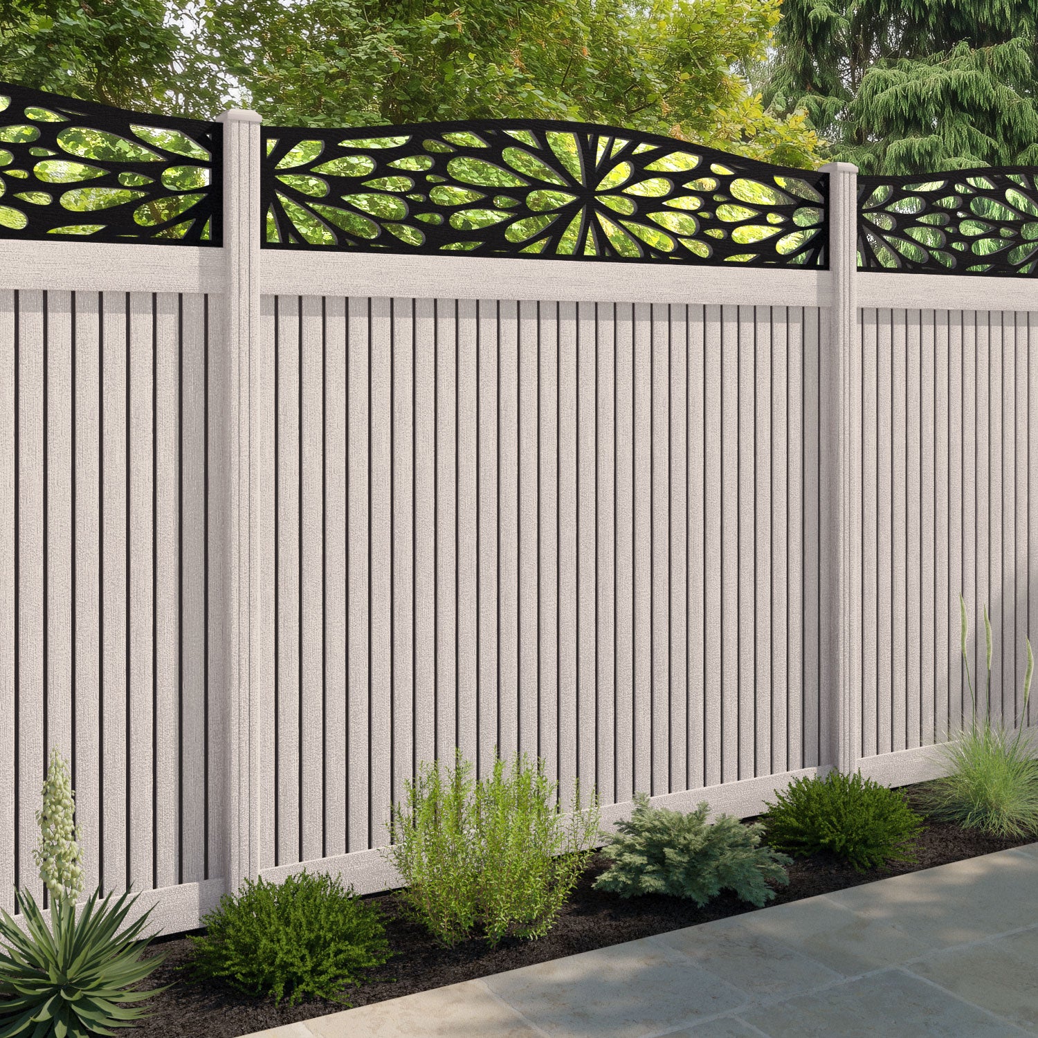 Virtis Blossom Curved Top Fence Panel - Mid Stone - with our composite posts