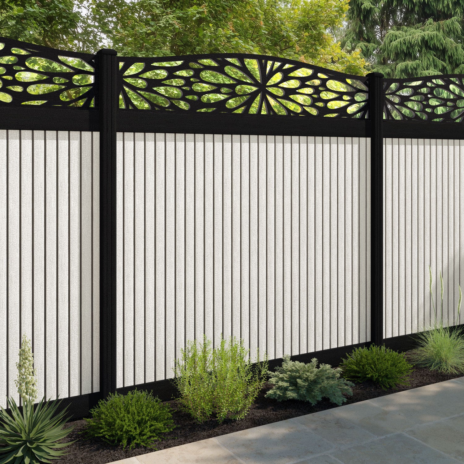 Virtis Blossom Curved Top Fence Panel - Light Stone - with our composite posts