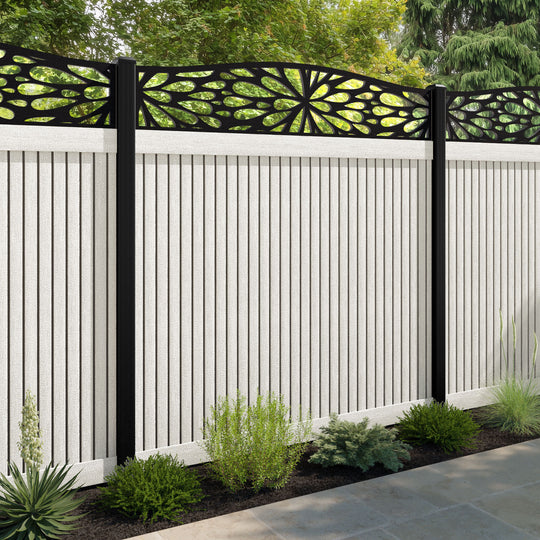 Virtis Blossom Curved Top Fence Panel - Light Stone - with our aluminium posts
