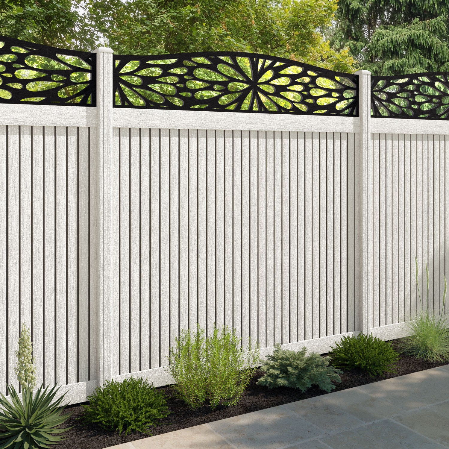 Virtis Blossom Curved Top Fence Panel - Light Stone - with our composite posts