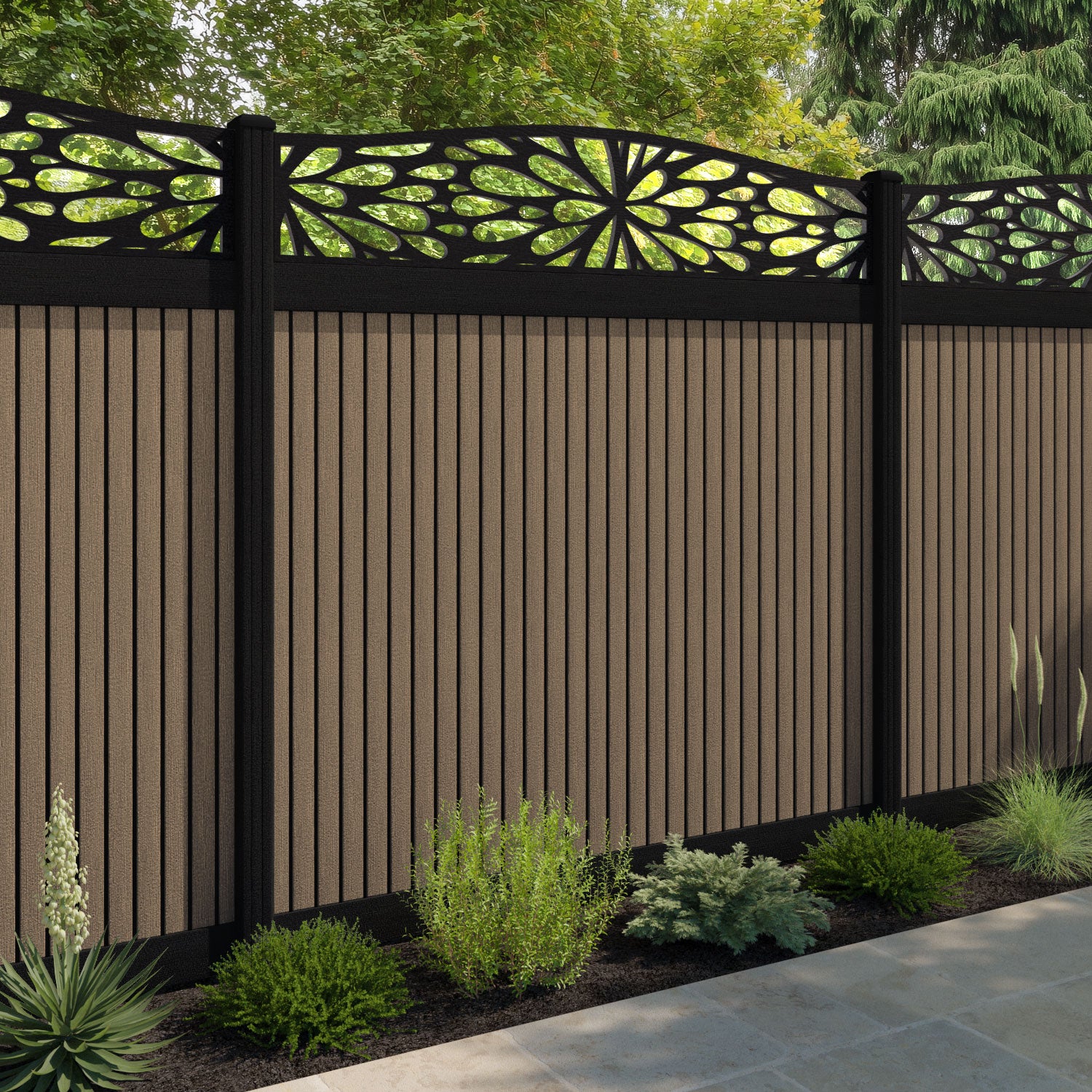 Virtis Blossom Curved Top Fence Panel - Teak - with our aluminium posts