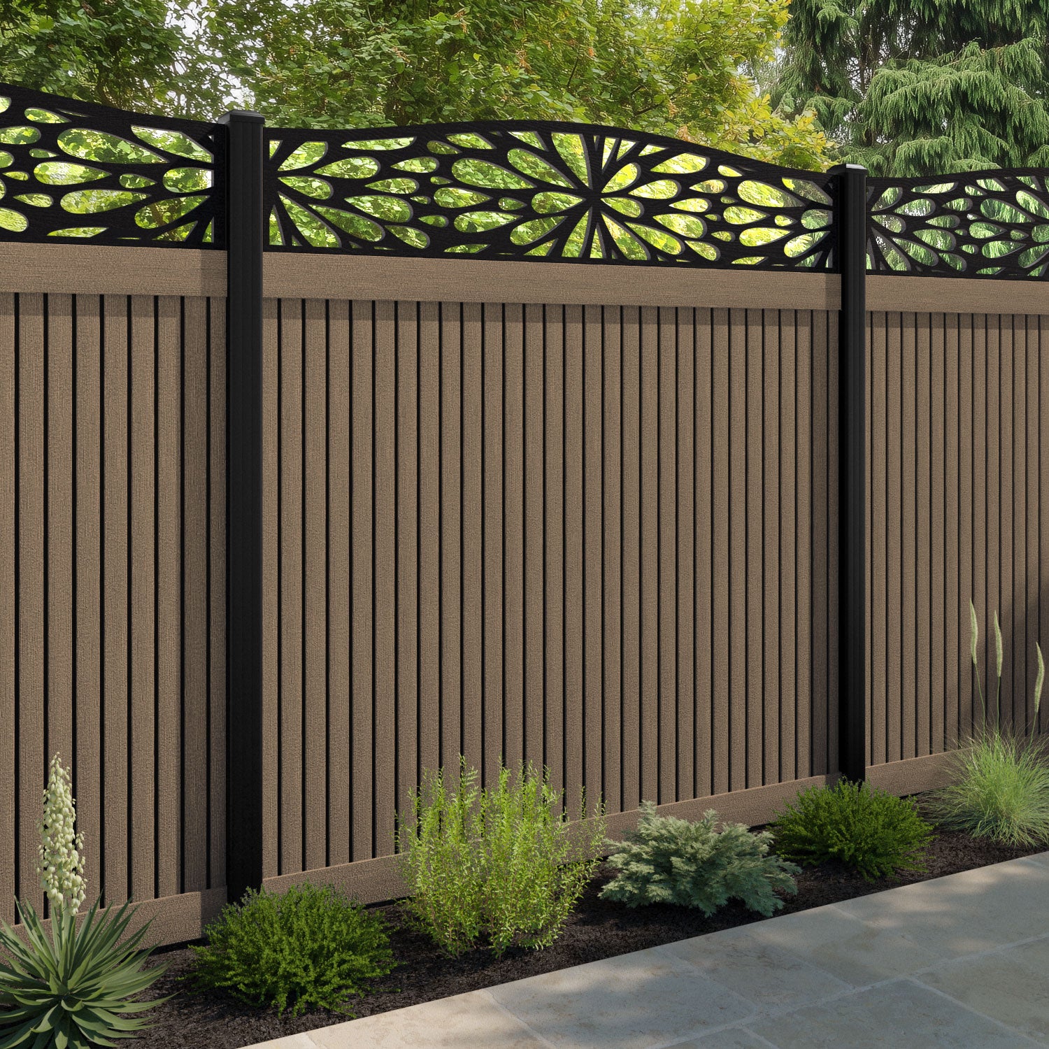 Virtis Blossom Curved Top Fence Panel - Teak - with our aluminium posts