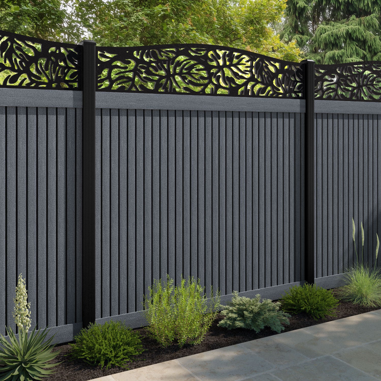 Virtis Botanic Curved Top Fence Panel - Anthracite - with our composite posts