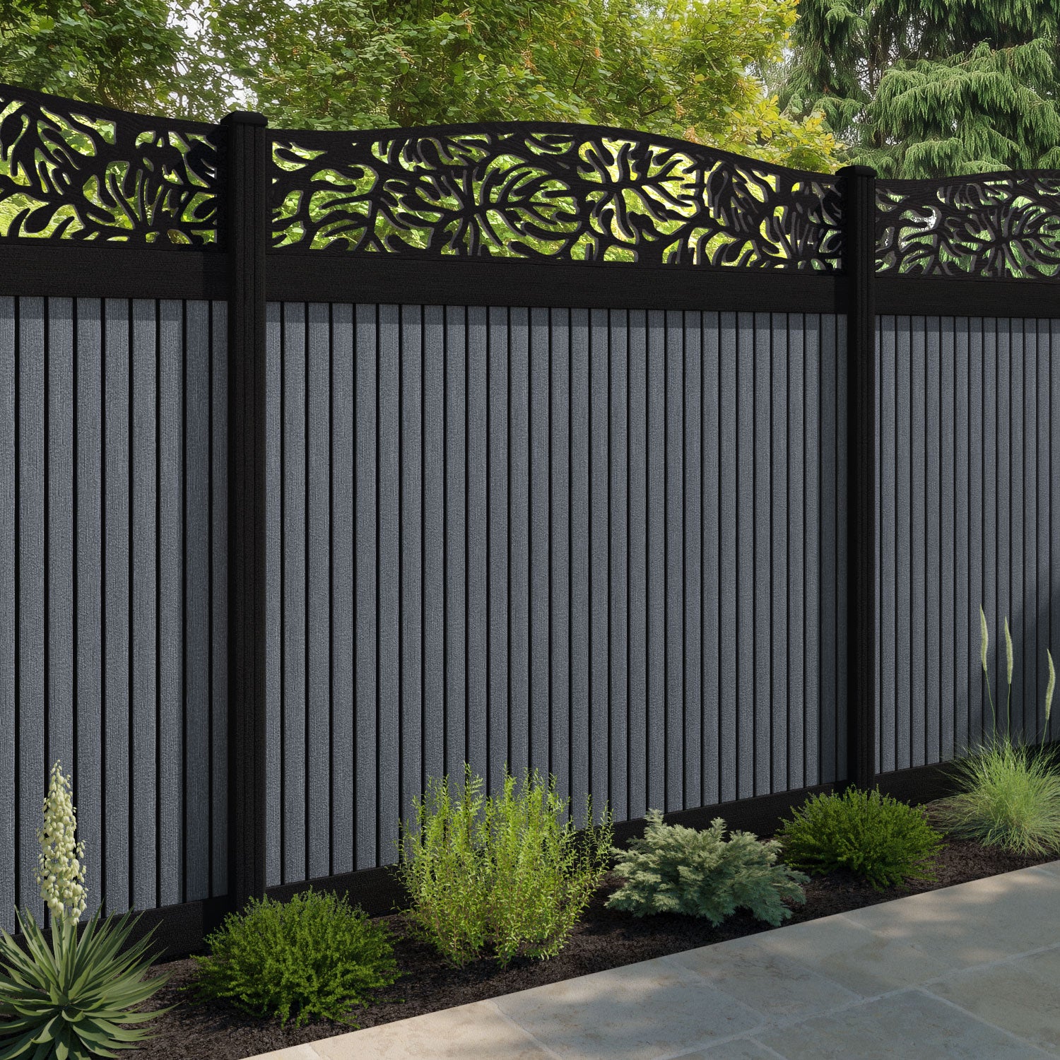 Virtis Botanic Curved Top Fence Panel - Anthracite - with our aluminium posts