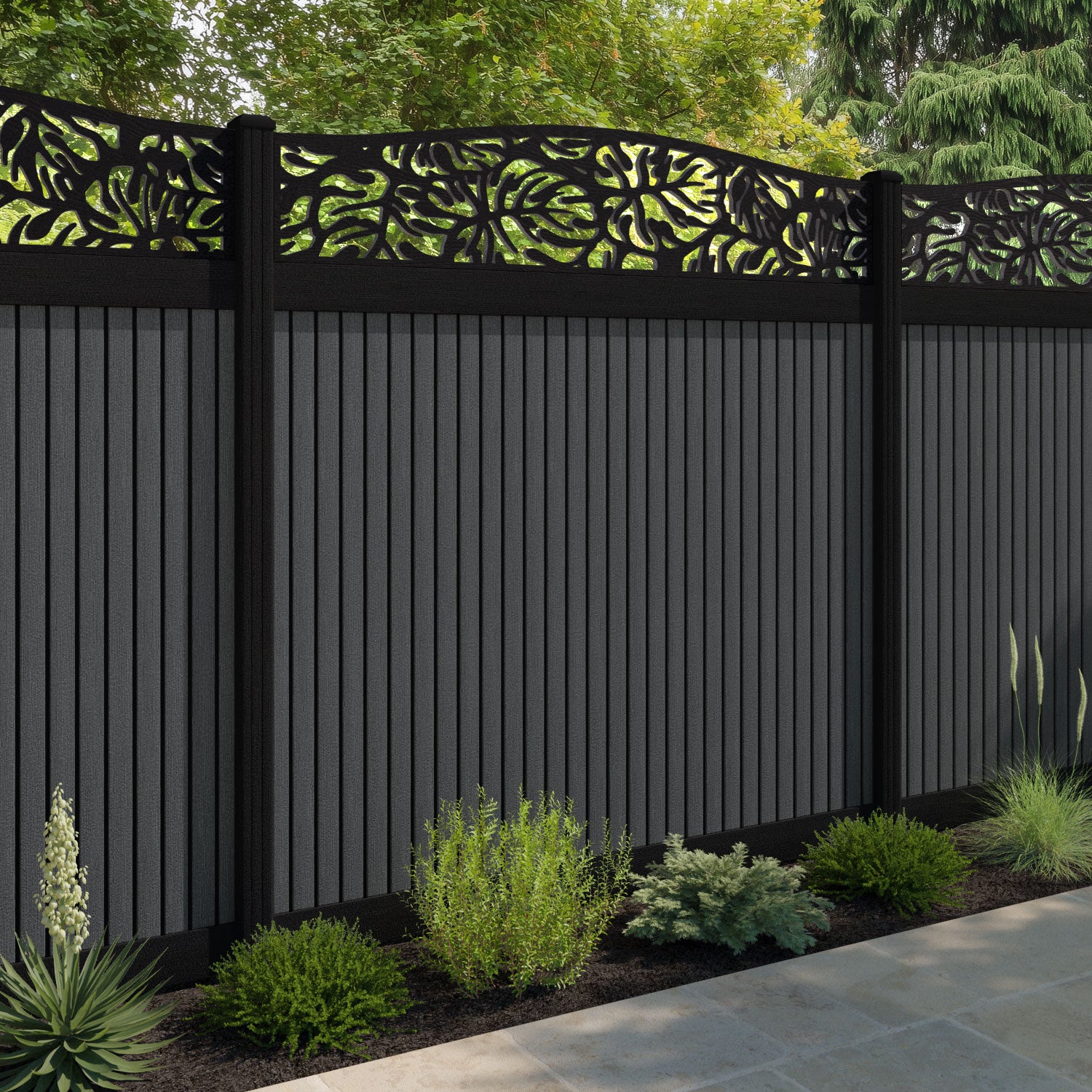 Virtis Botanic Curved Top Fence Panel - Dark Grey - with our composite posts