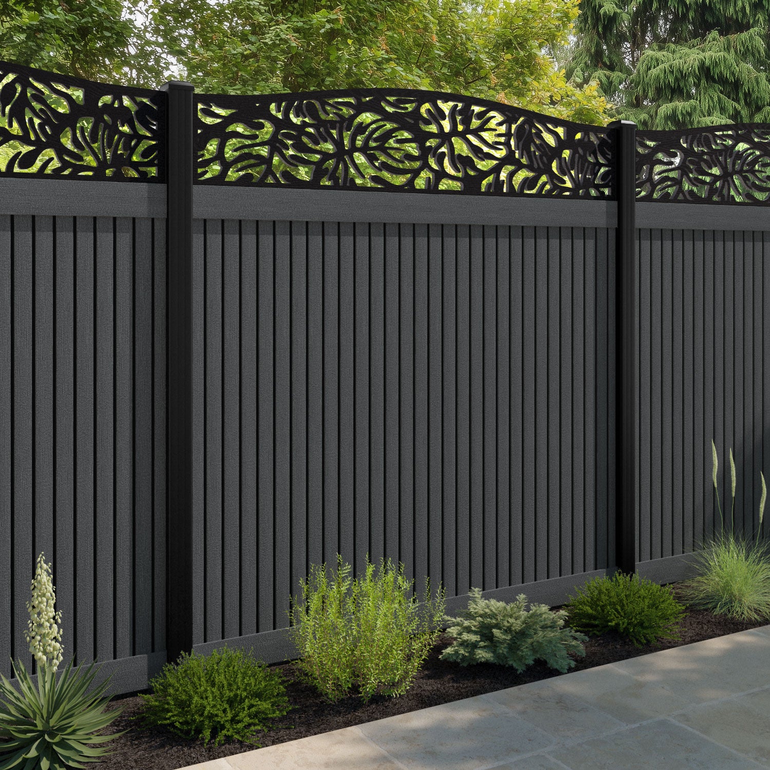 Virtis Botanic Curved Top Fence Panel - Dark Grey - with our aluminium posts