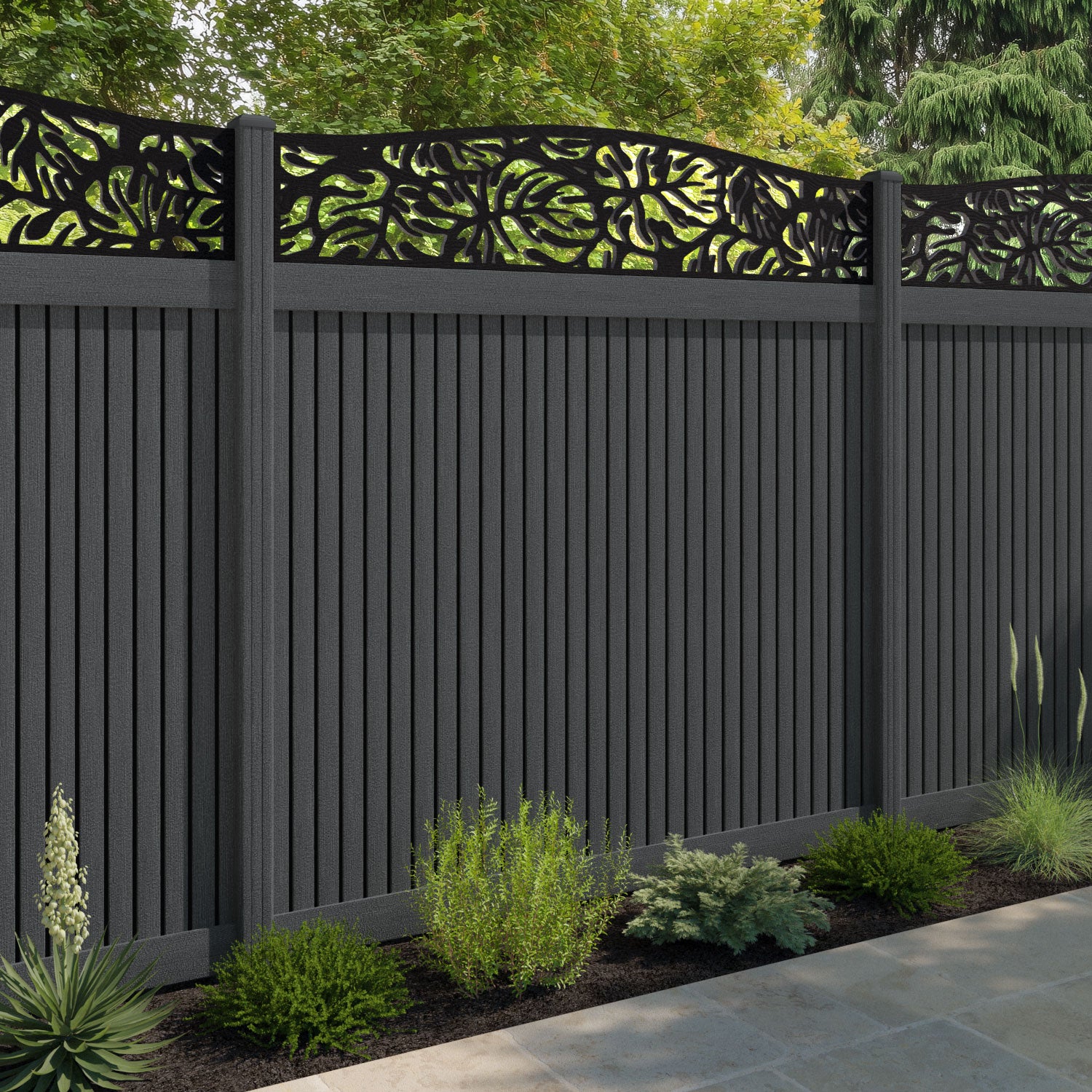 Virtis Botanic Curved Top Fence Panel - Dark Grey - with our composite posts