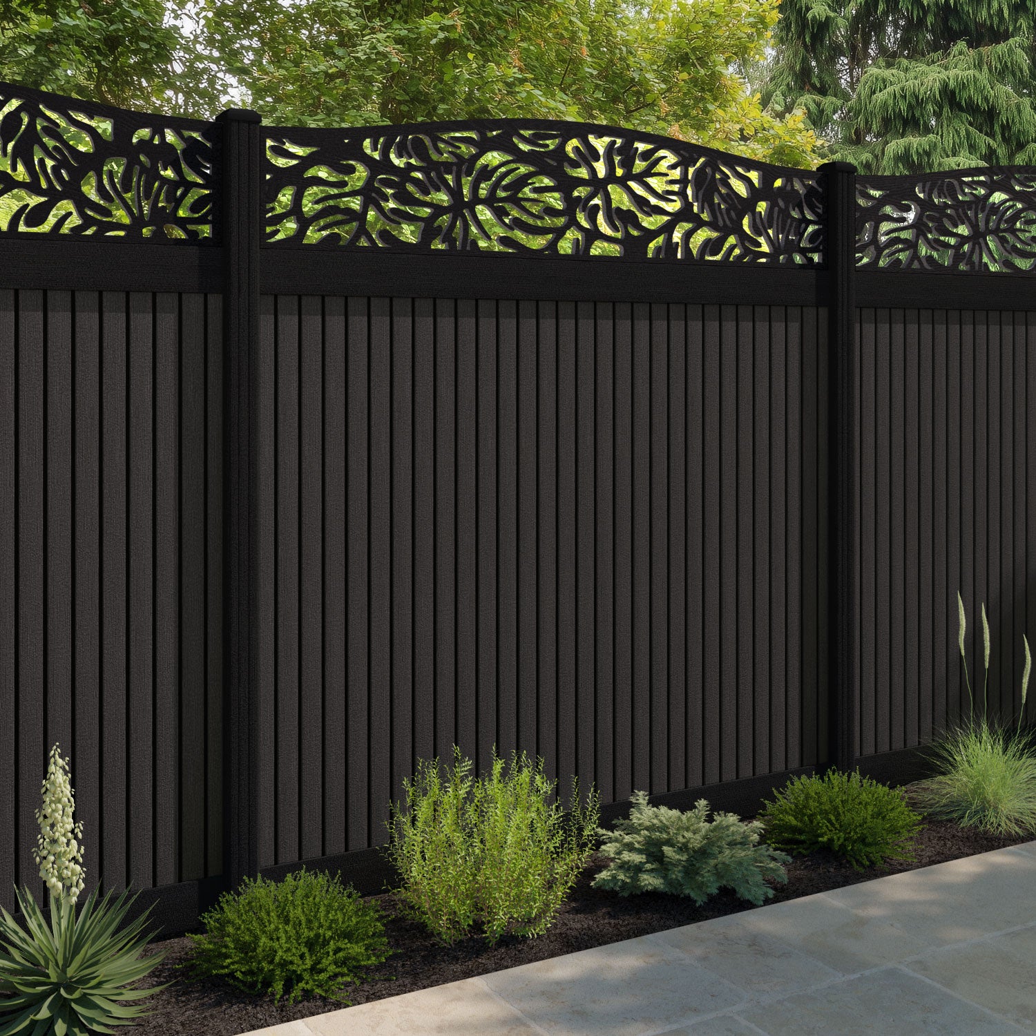 Virtis Botanic Curved Top Fence Panel - Dark Oak - with our aluminium posts