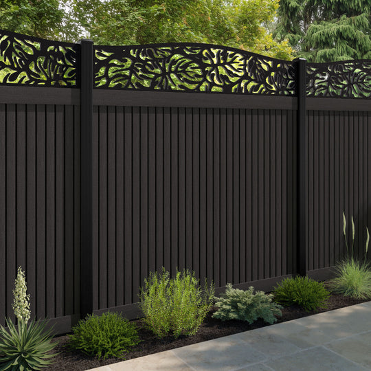 Virtis Botanic Curved Top Fence Panel - Dark Oak - with our aluminium posts