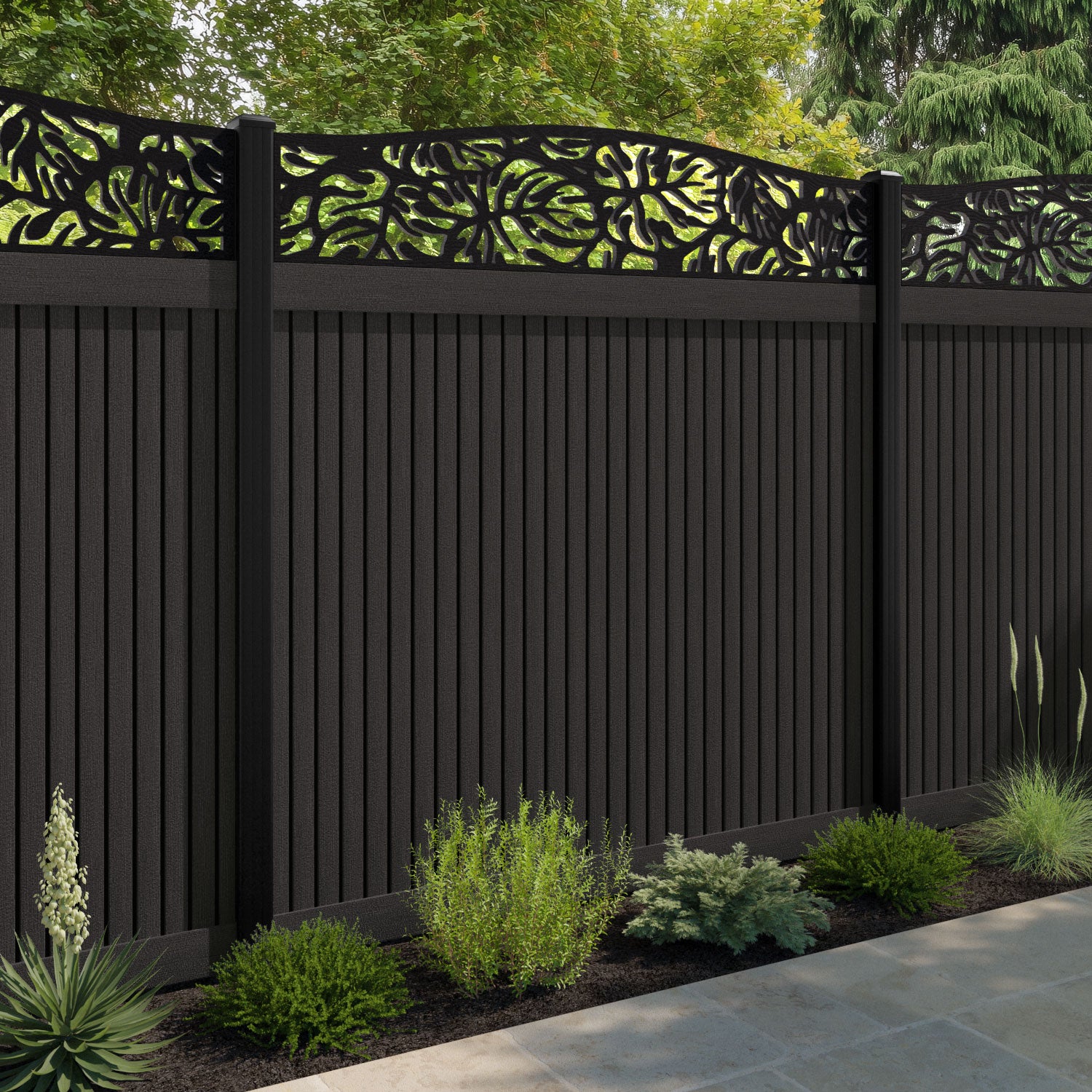 Virtis Botanic Curved Top Fence Panel - Dark Oak - with our composite posts