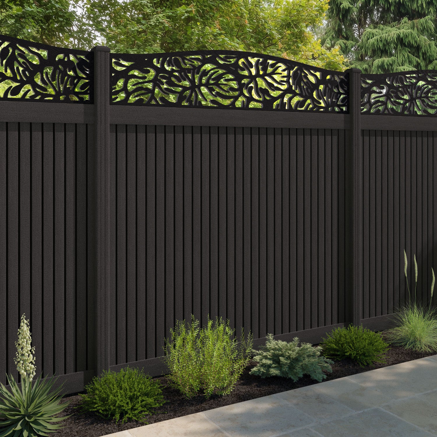 Virtis Botanic Curved Top Fence Panel - Dark Oak - with our composite posts