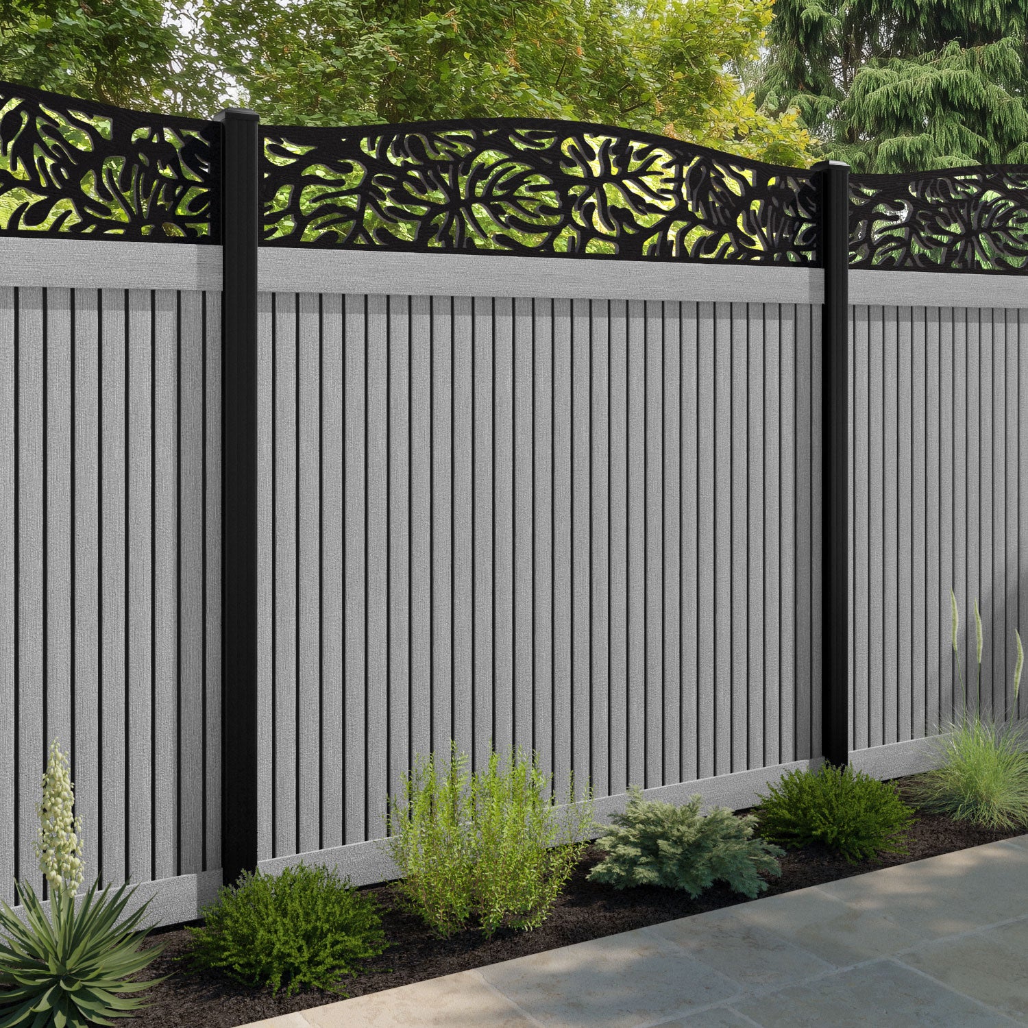 Virtis Botanic Curved Top Fence Panel - Light Grey - with our aluminium posts