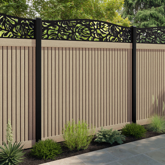 Virtis Botanic Curved Top Fence Panel - Light Oak - with our aluminium posts