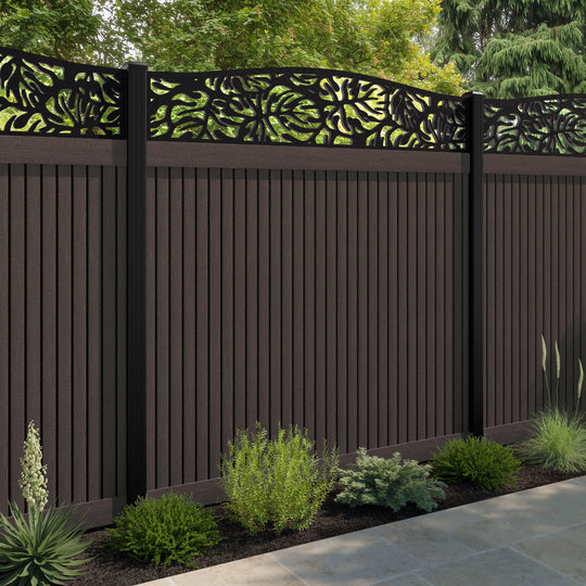 Virtis Botanic Curved Top Fence Panel - Mid Brown - with our aluminium posts