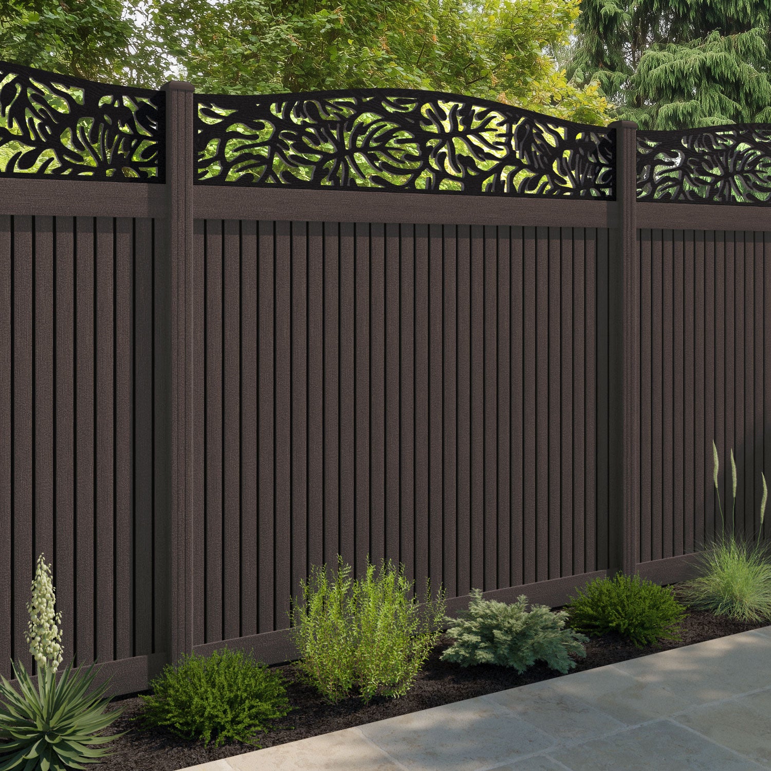 Virtis Botanic Curved Top Fence Panel - Mid Brown - with our composite posts