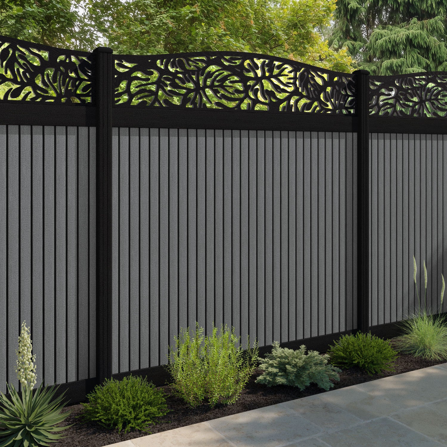 Virtis Botanic Curved Top Fence Panel - Mid Grey - with our composite posts