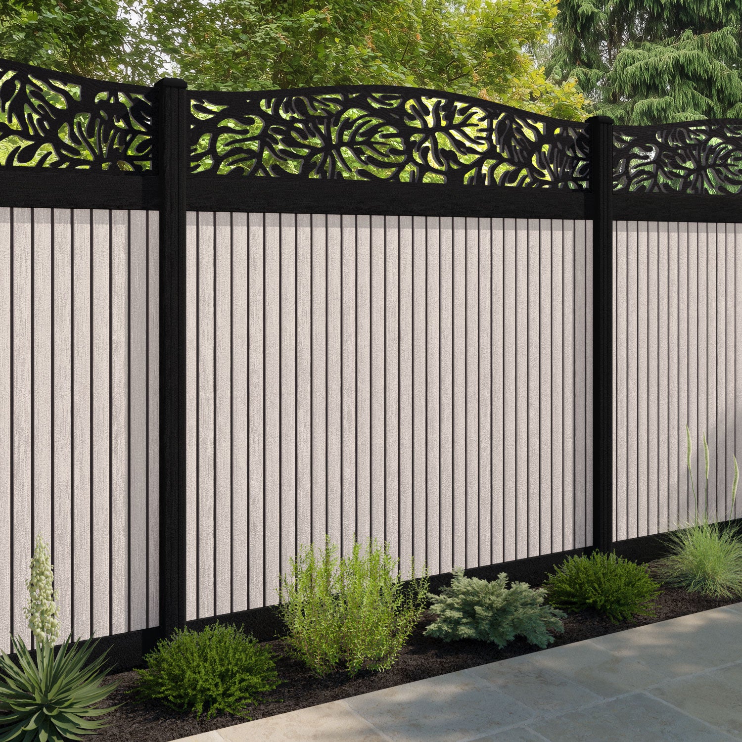 Virtis Botanic Curved Top Fence Panel - Mid Stone - with our aluminium posts