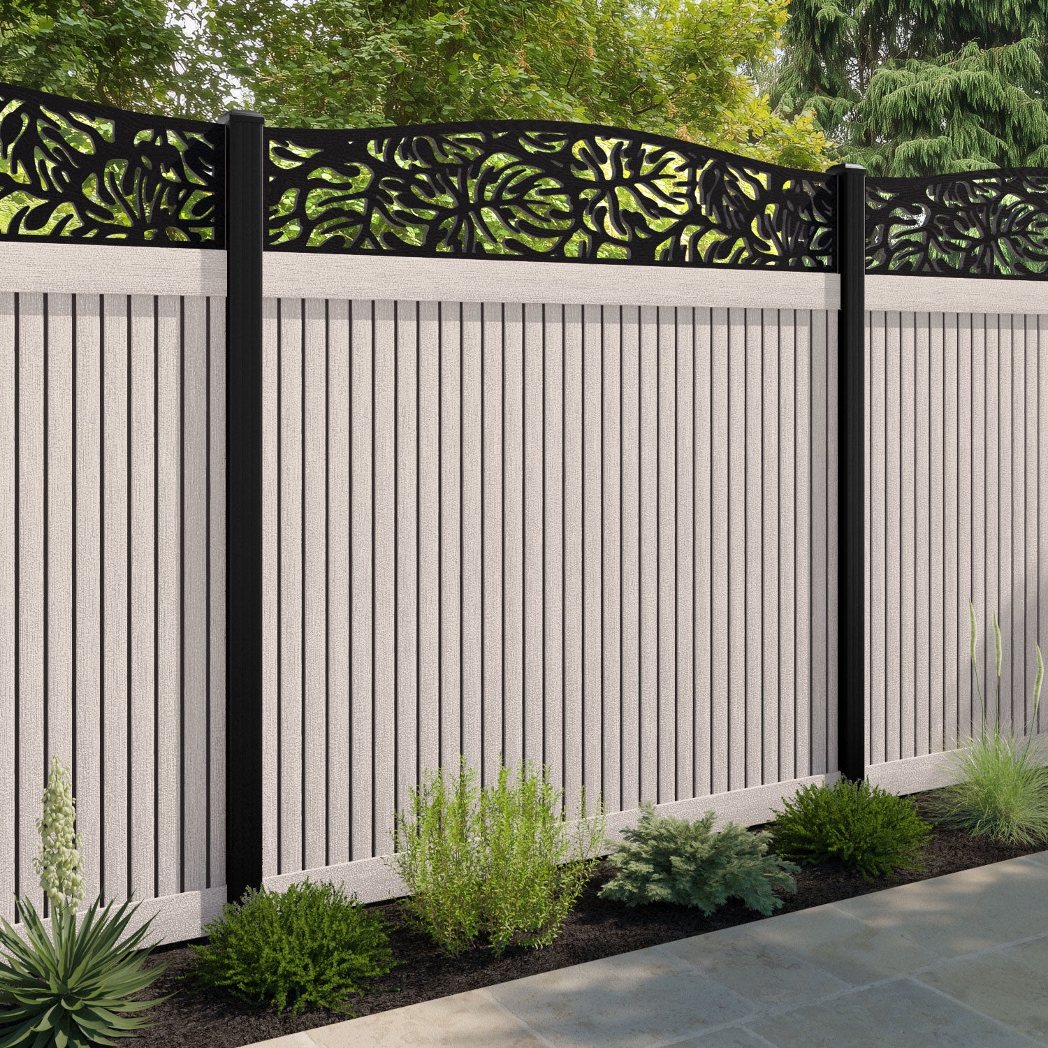 Virtis Botanic Curved Top Fence Panel - Mid Stone - with our composite posts