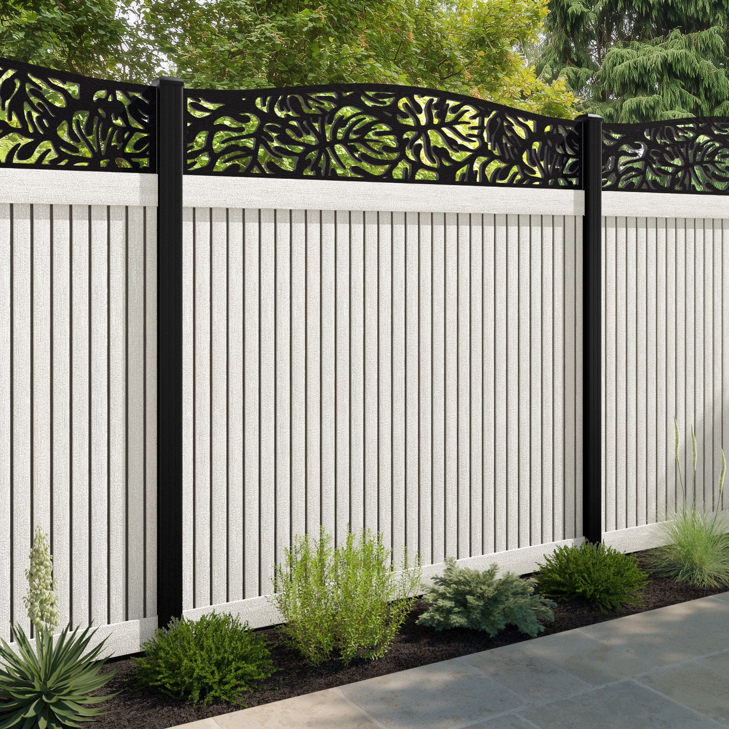 Virtis Botanic Curved Top Fence Panel - Light Stone - with our aluminium posts
