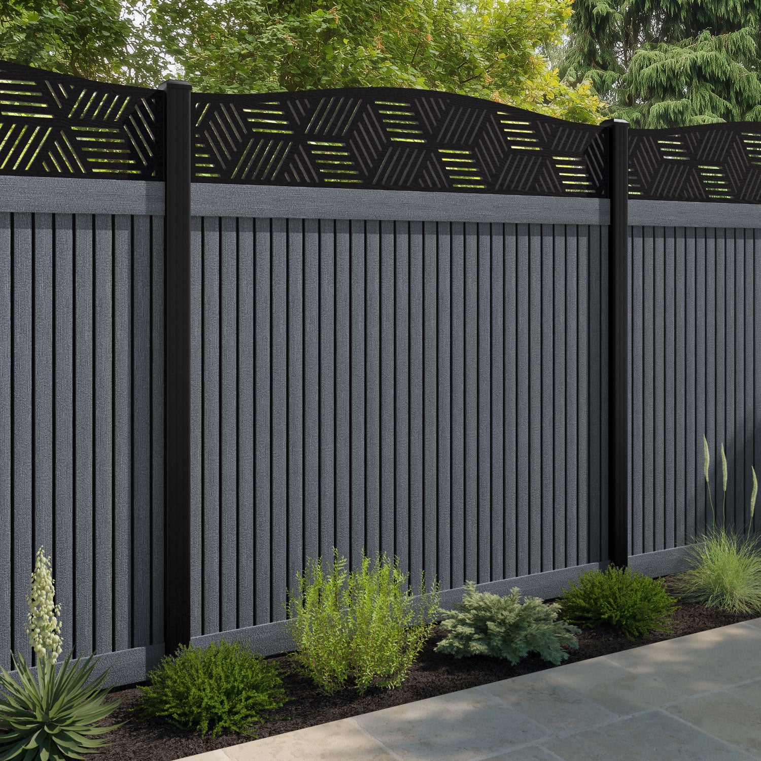 Virtis Cubed Curved Top Fence Panel - Anthracite - with our composite posts
