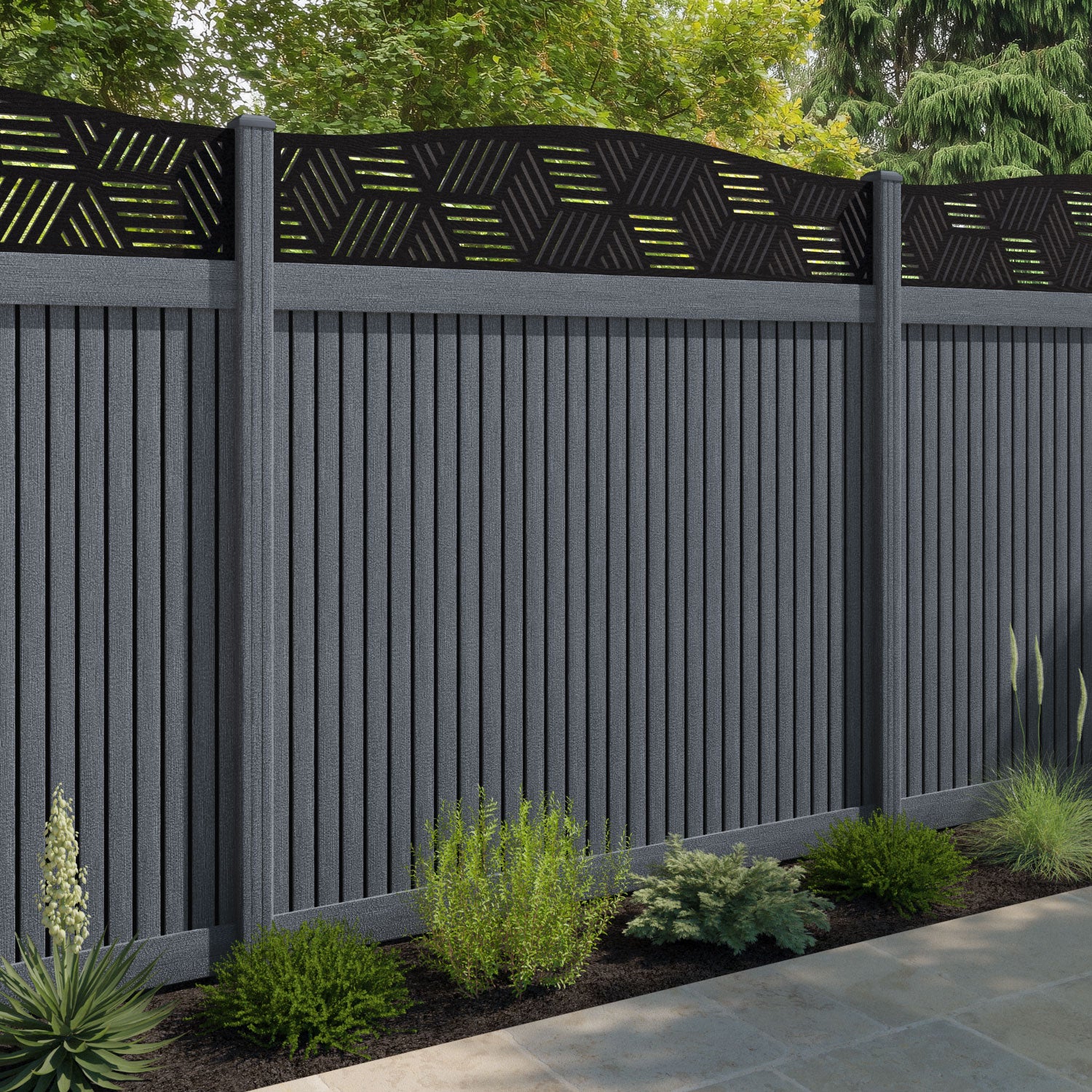 Virtis Cubed Curved Top Fence Panel - Anthracite - with our composite posts