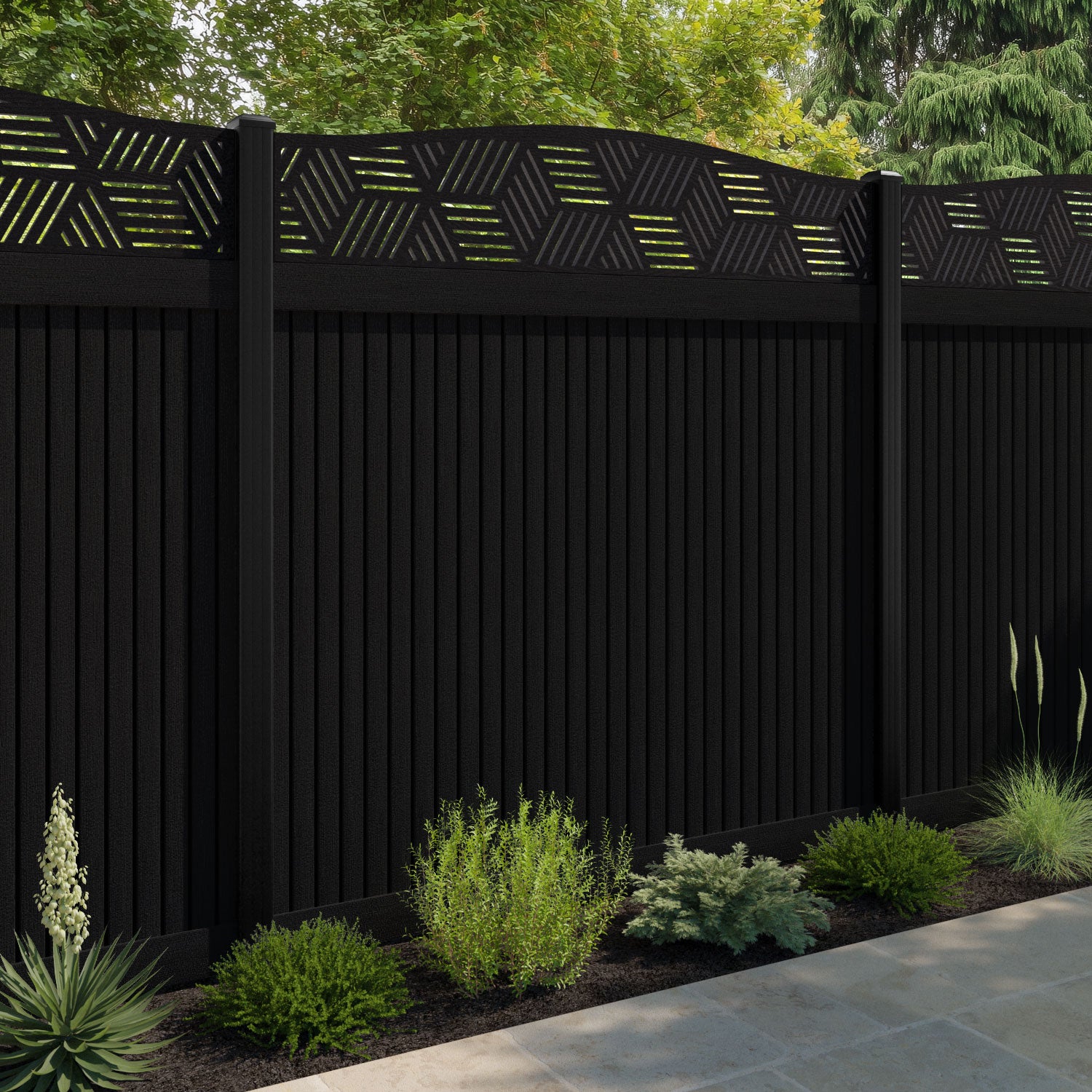 Virtis Cubed Curved Top Fence Panel - Black - with our aluminium posts
