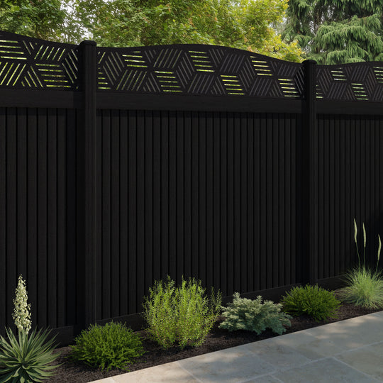Virtis Cubed Curved Top Fence Panel - Black - with our composite posts