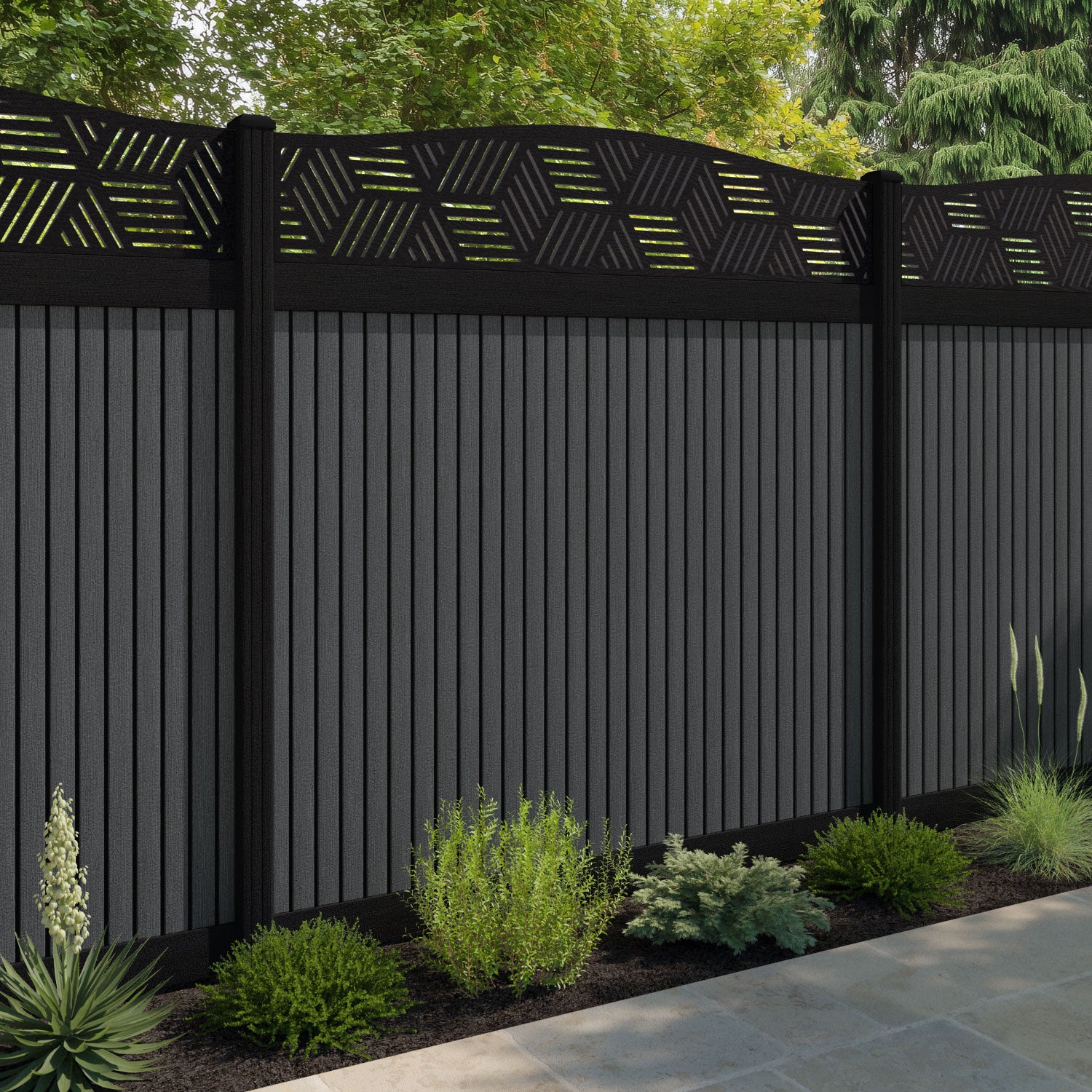 Virtis Cubed Curved Top Fence Panel - Dark Grey - with our composite posts