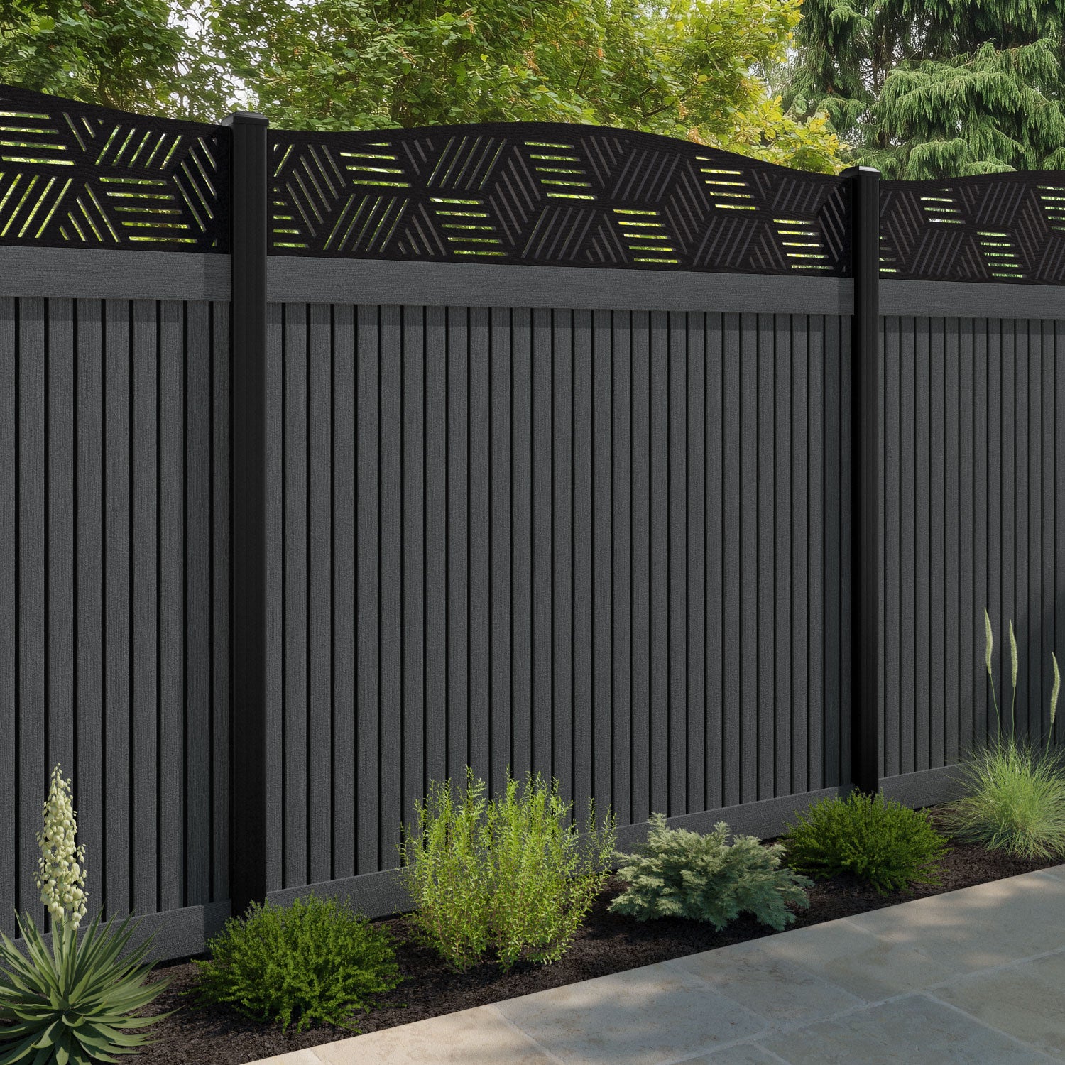 Virtis Cubed Curved Top Fence Panel - Dark Grey - with our aluminium posts