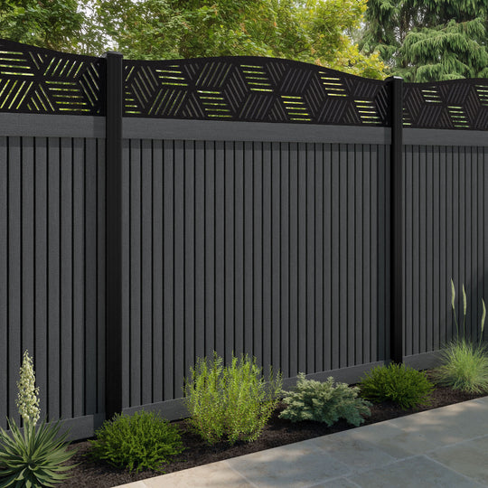 Virtis Cubed Curved Top Fence Panel - Dark Grey - with our aluminium posts