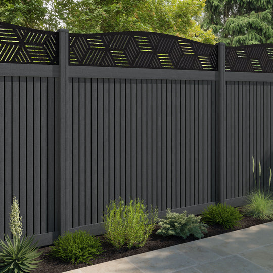 Virtis Cubed Curved Top Fence Panel - Dark Grey - with our composite posts
