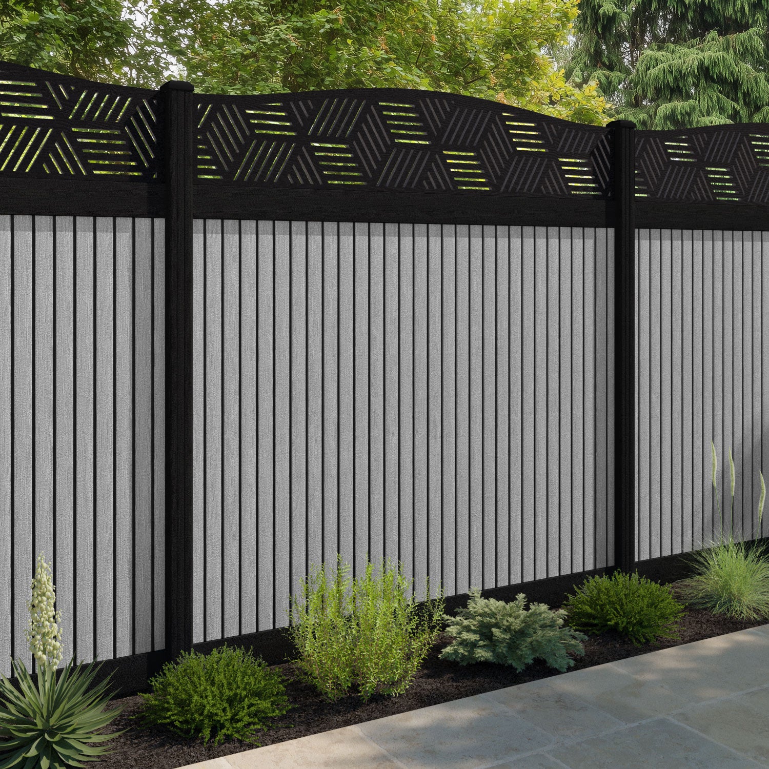 Virtis Cubed Curved Top Fence Panel - Light Grey - with our composite posts