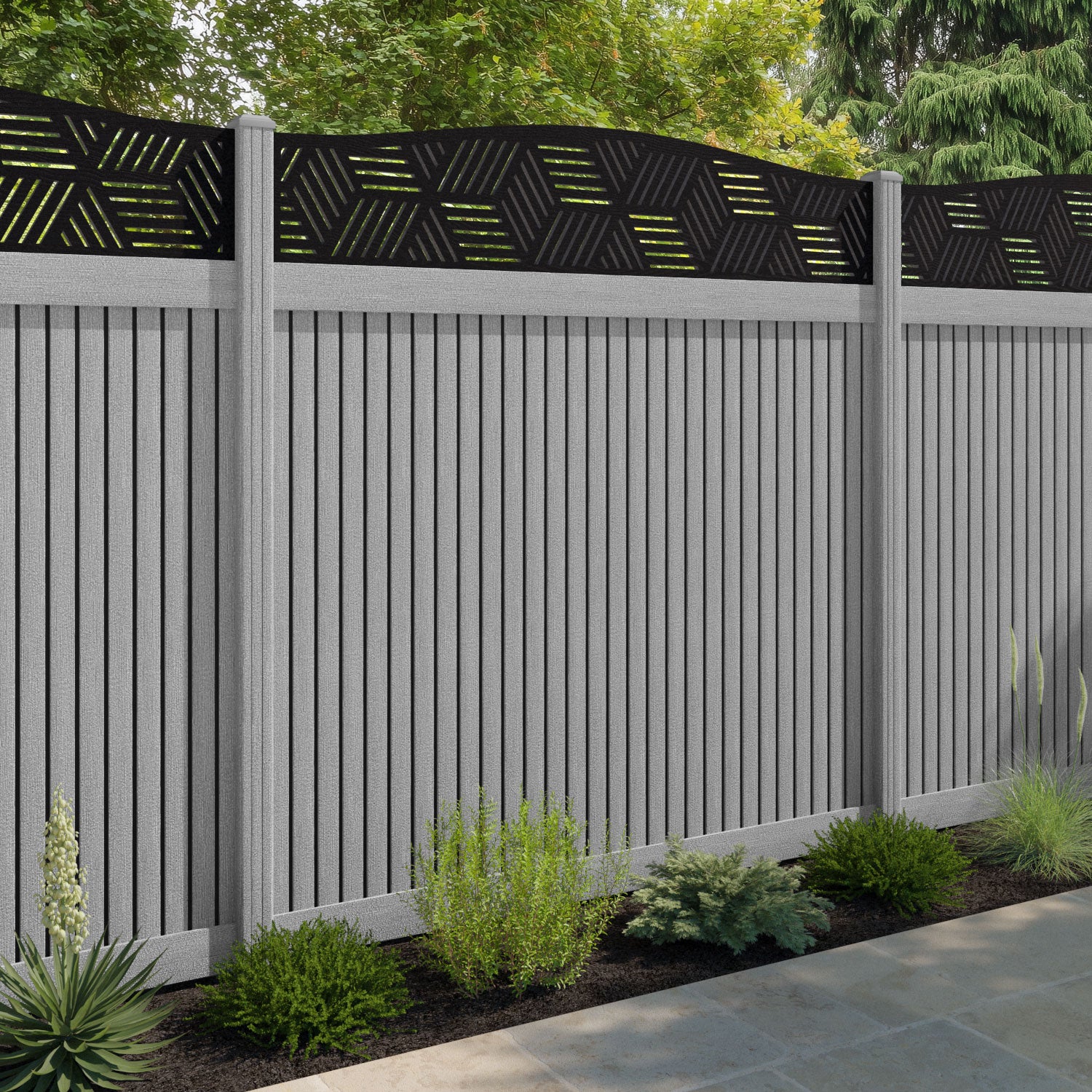 Virtis Cubed Curved Top Fence Panel - Light Grey - with our composite posts