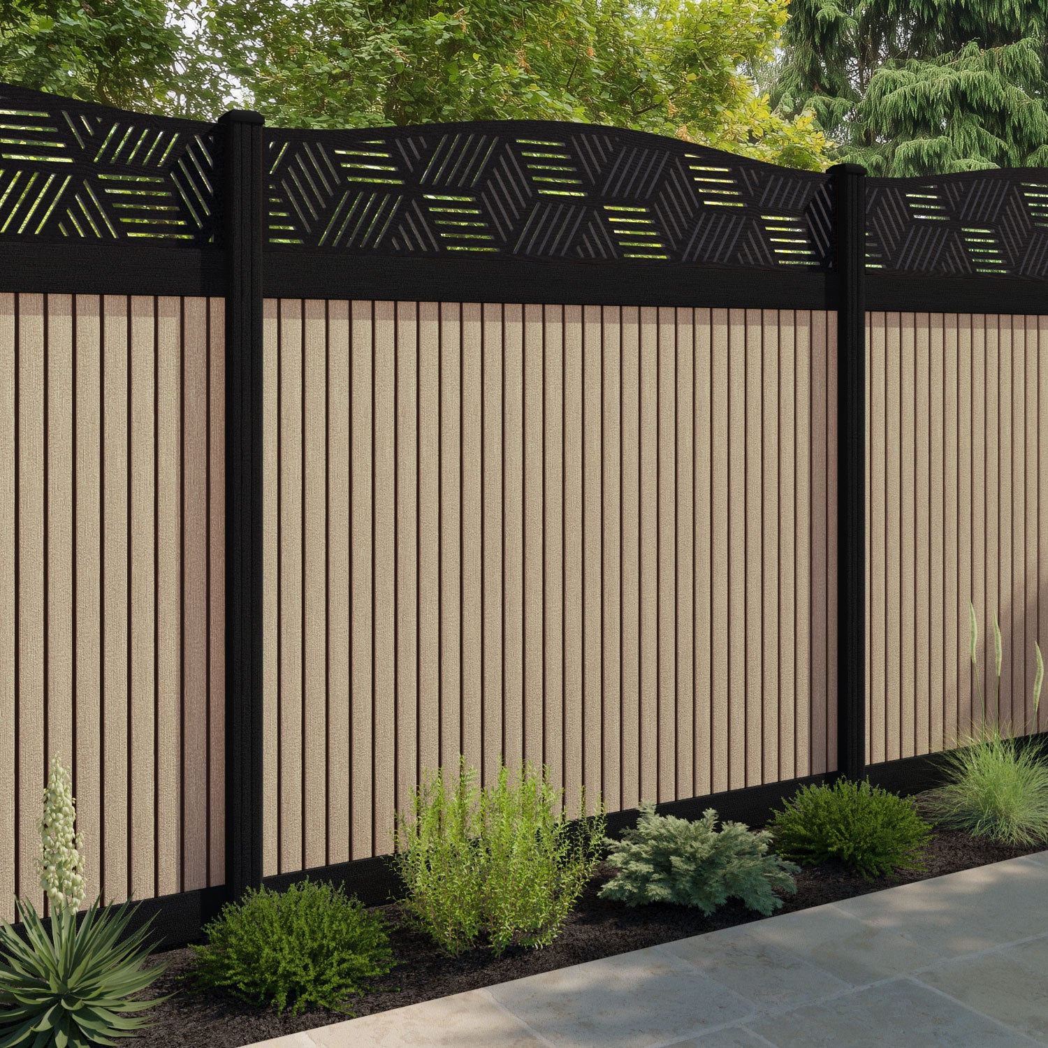 Virtis Cubed Curved Top Fence Panel - Light Oak - with our aluminium posts