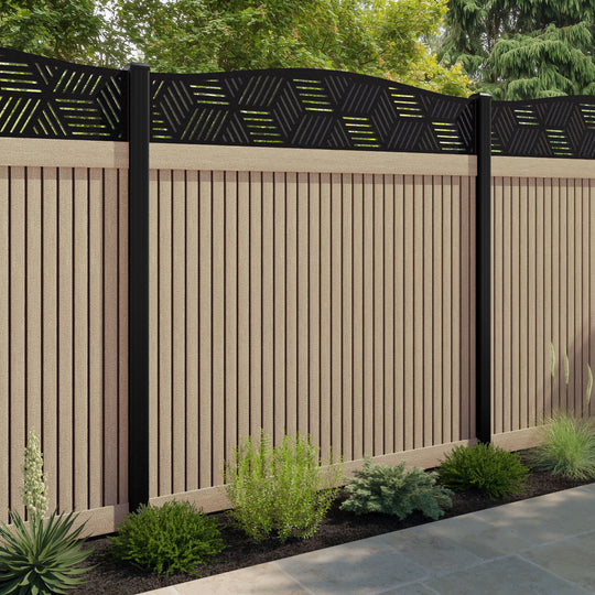 Virtis Cubed Curved Top Fence Panel - Light Oak - with our aluminium posts