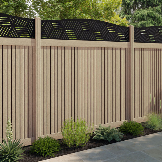 Virtis Cubed Curved Top Fence Panel - Light Oak - with our composite posts