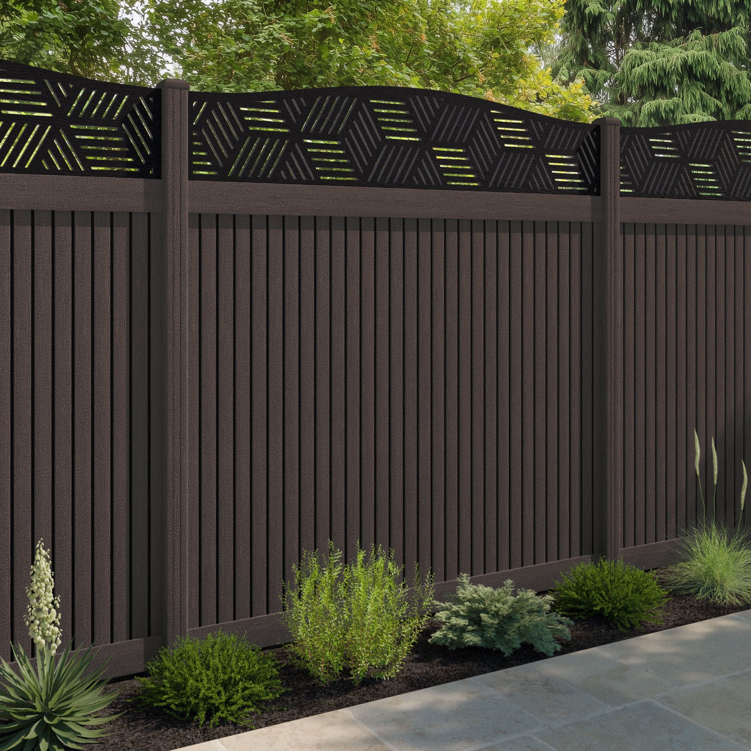 Virtis Cubed Curved Top Fence Panel - Mid Brown - with our composite posts